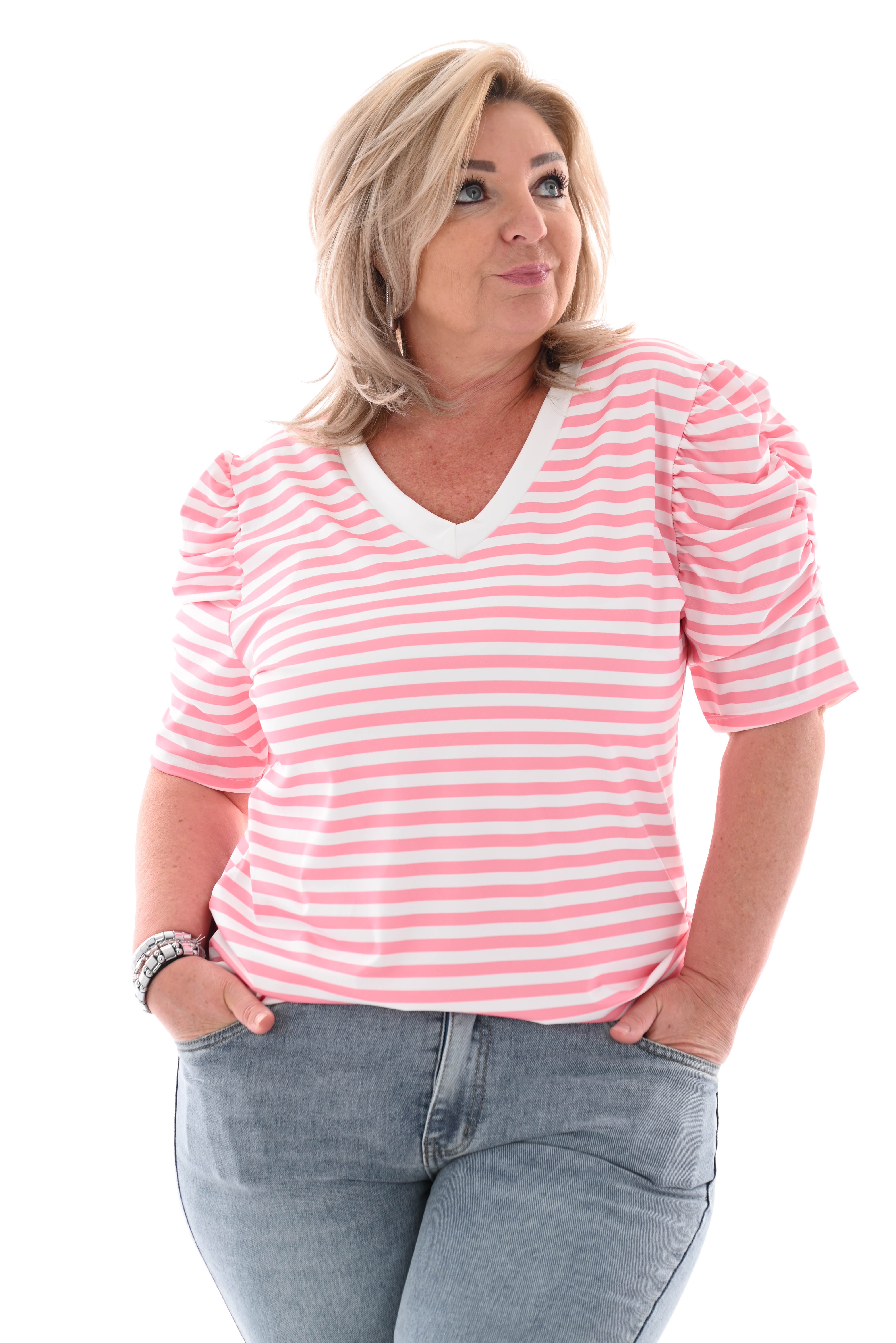 Shirt korte pofmouwen gestreept zalm