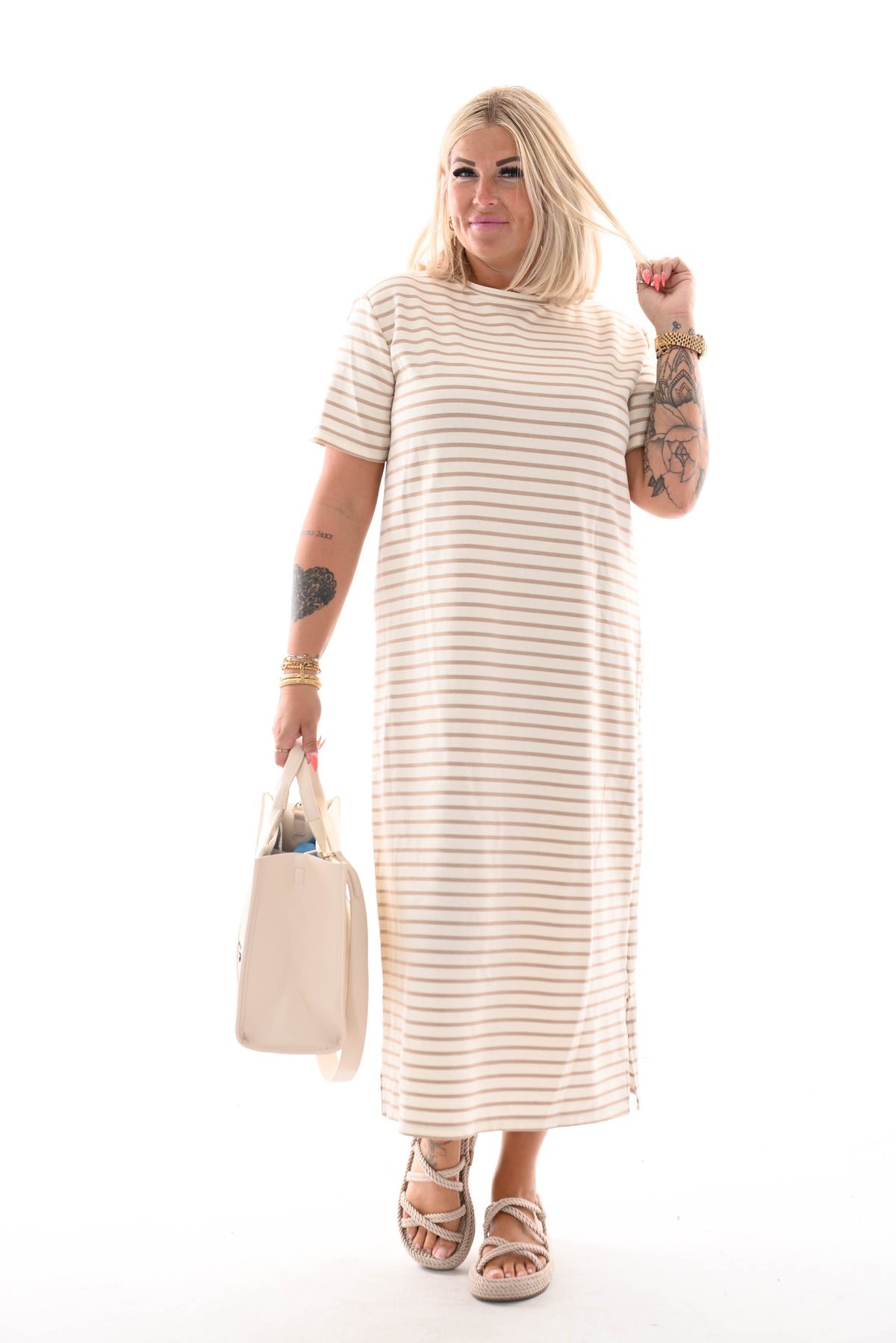 Sweaterdress korte mouwen gestreept roomwit/beige