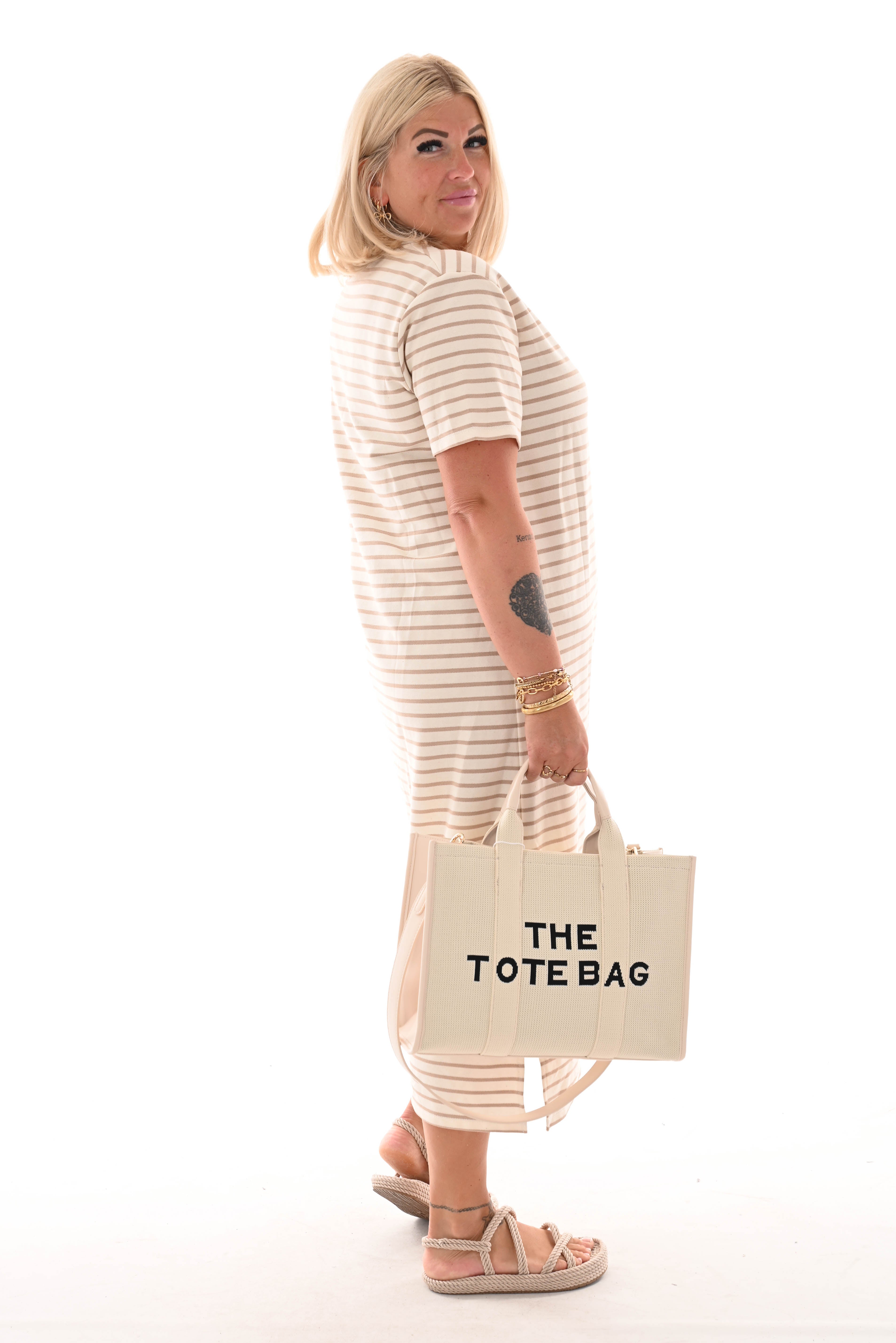 Sweaterdress korte mouwen gestreept roomwit/beige