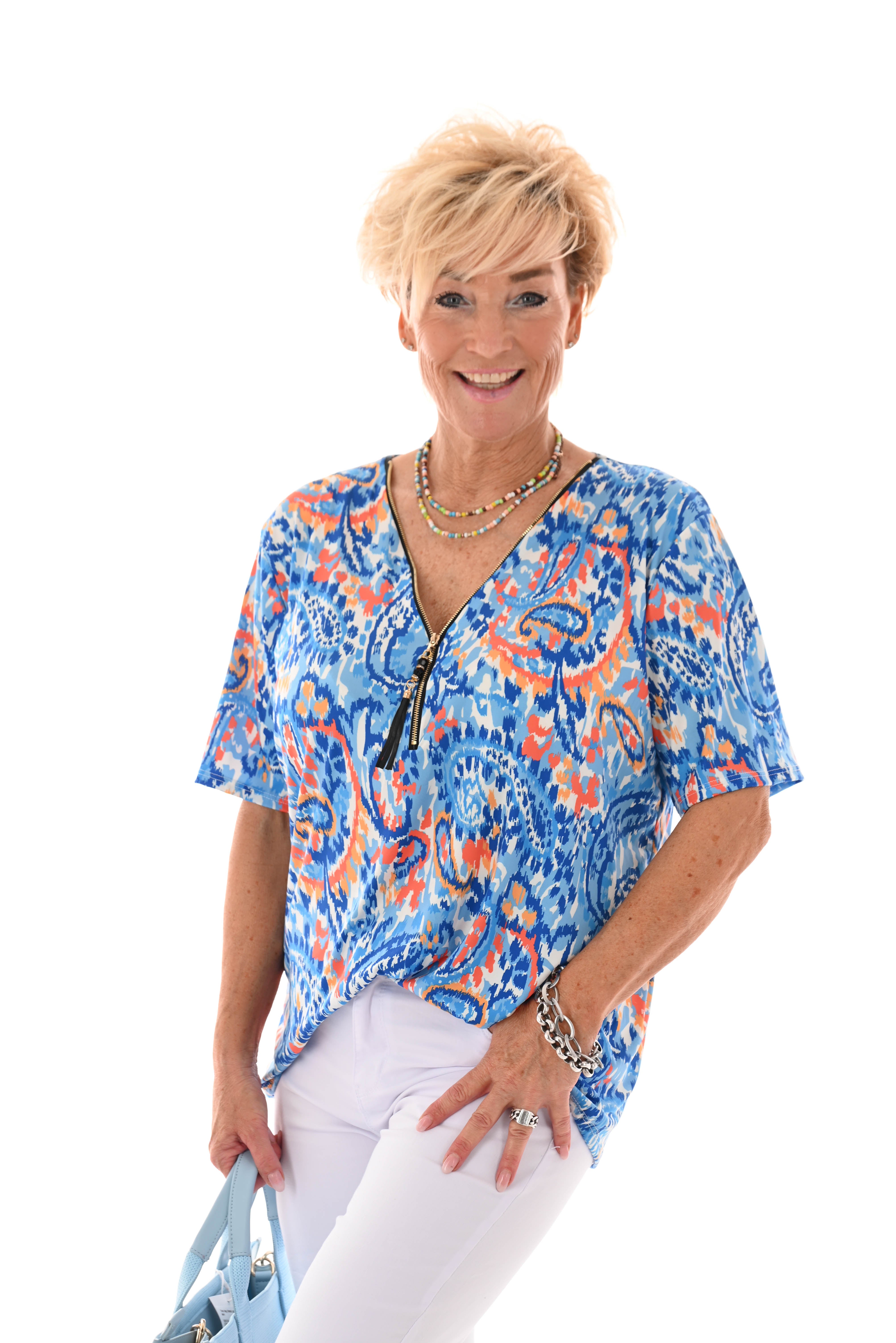 Travel top met rits paisley kobaltblauw