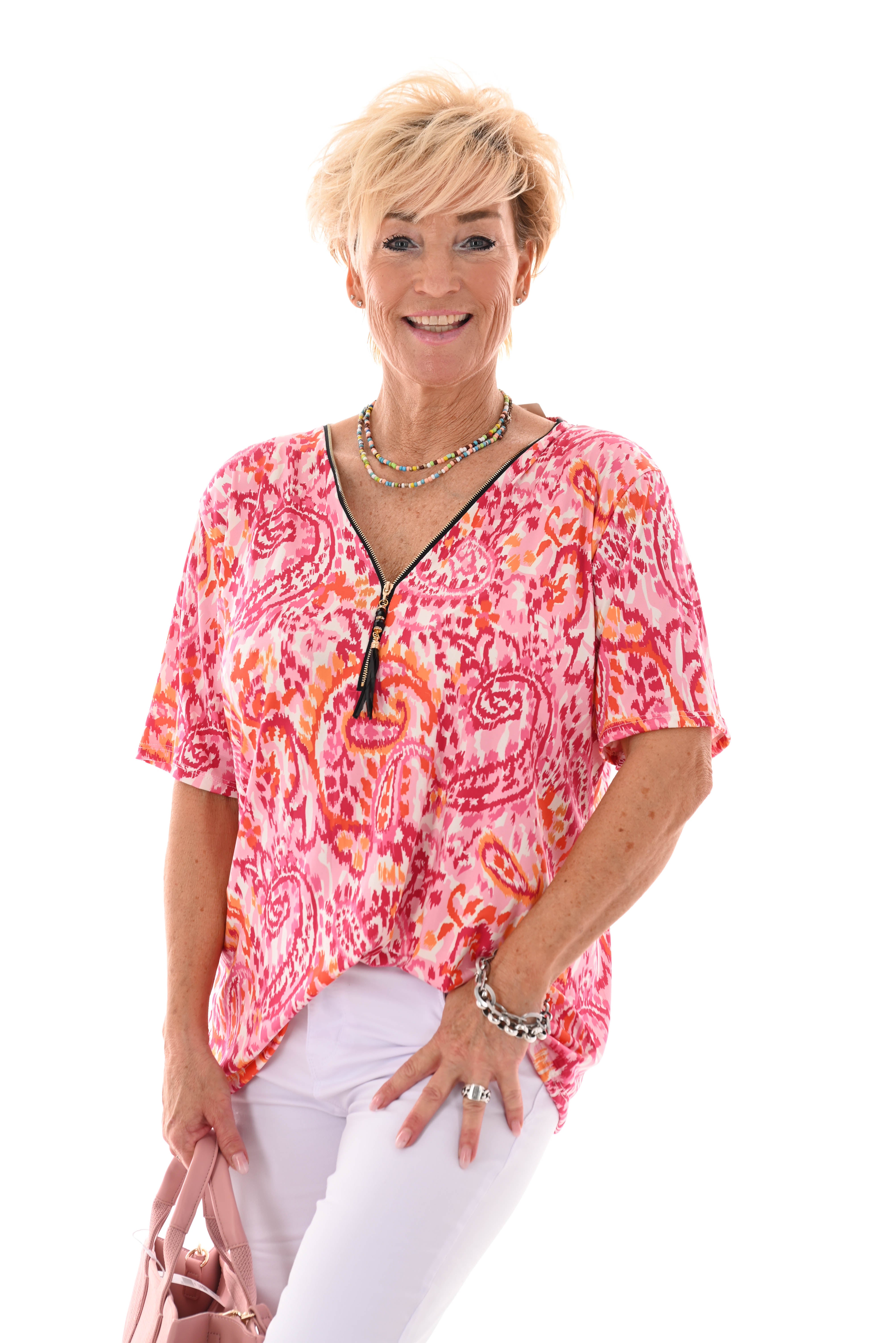 Travel top met rits paisley roze