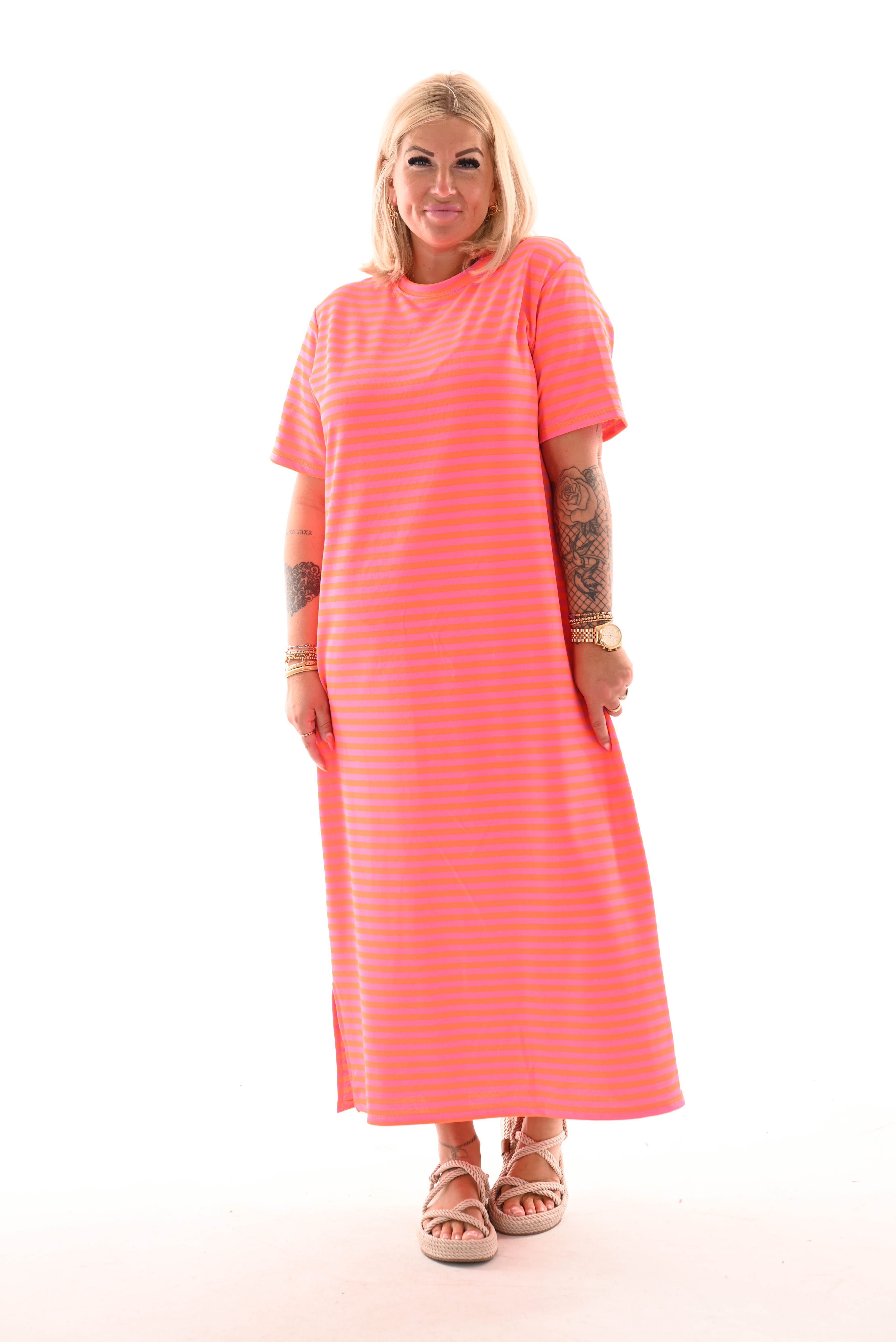 Sweaterdress korte mouwen gestreept oranje/roze