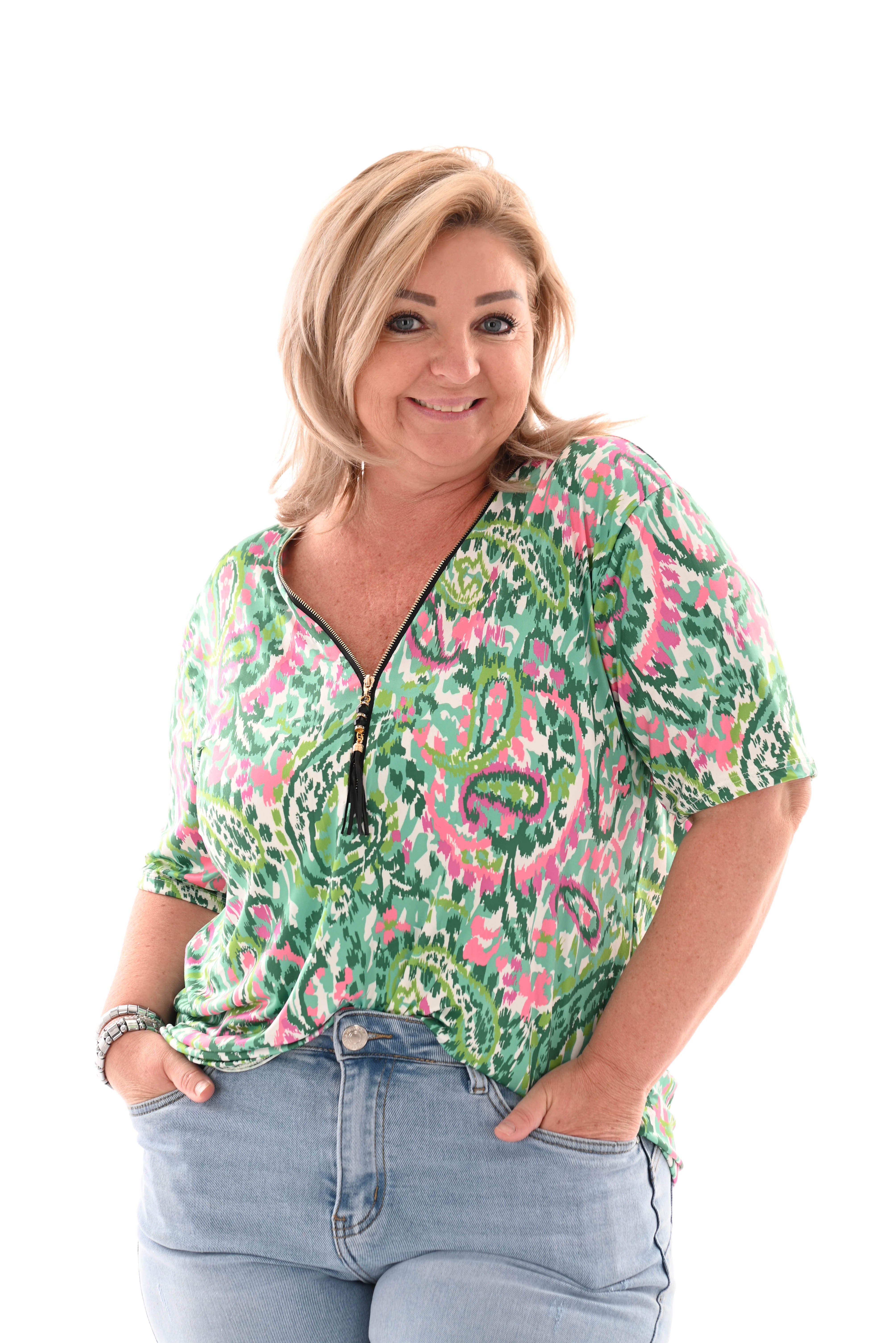 Travel top met rits paisley groen