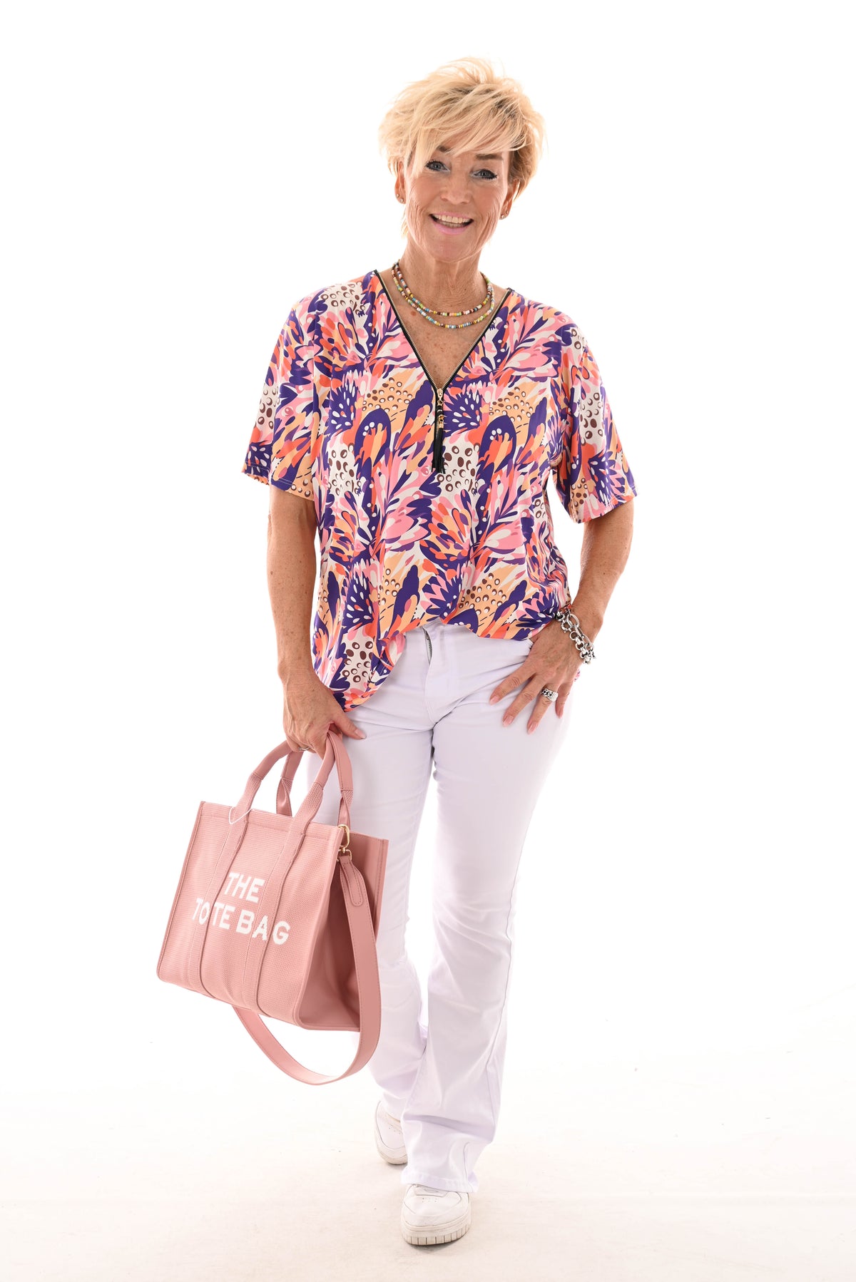 Travel top met rits bladeren paars