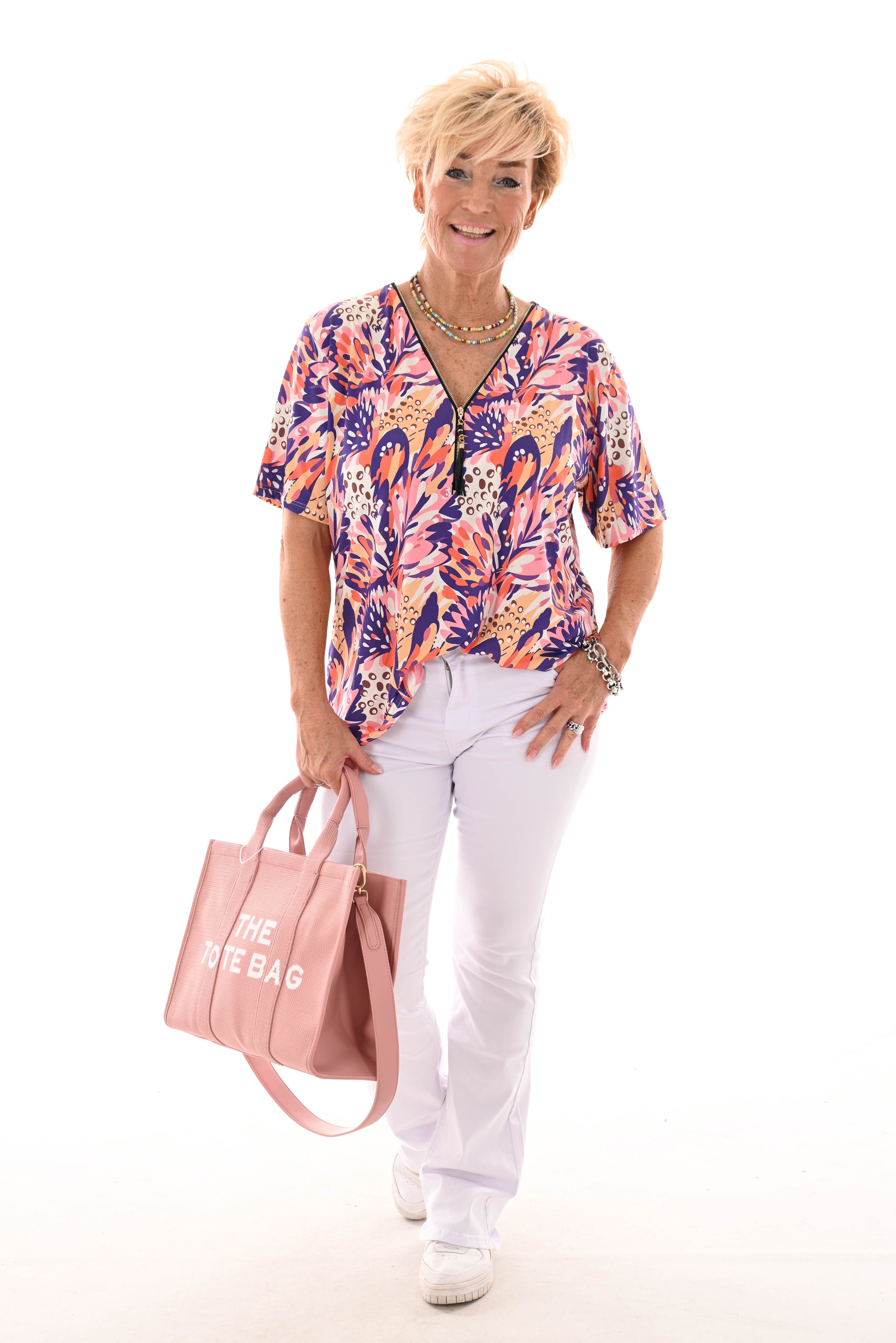 Travel top met rits bladeren paars