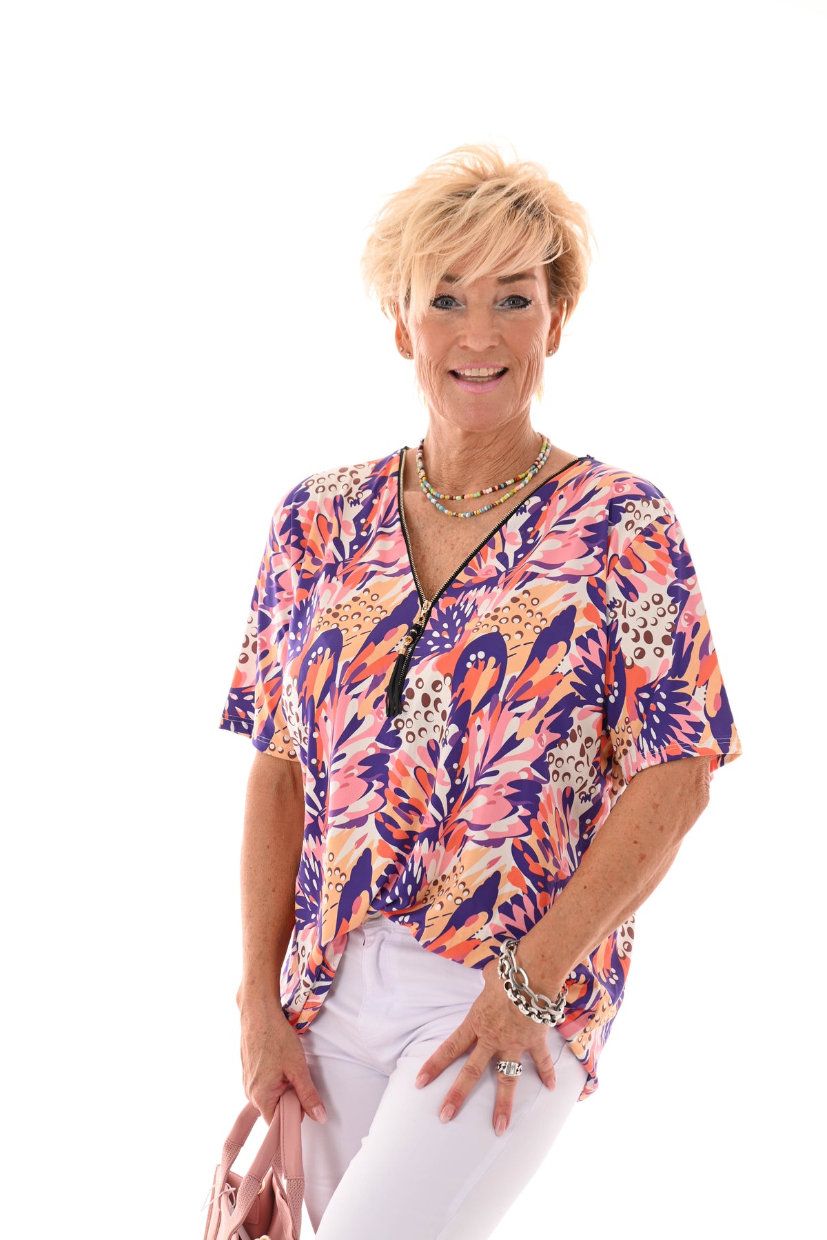 Travel top met rits bladeren paars