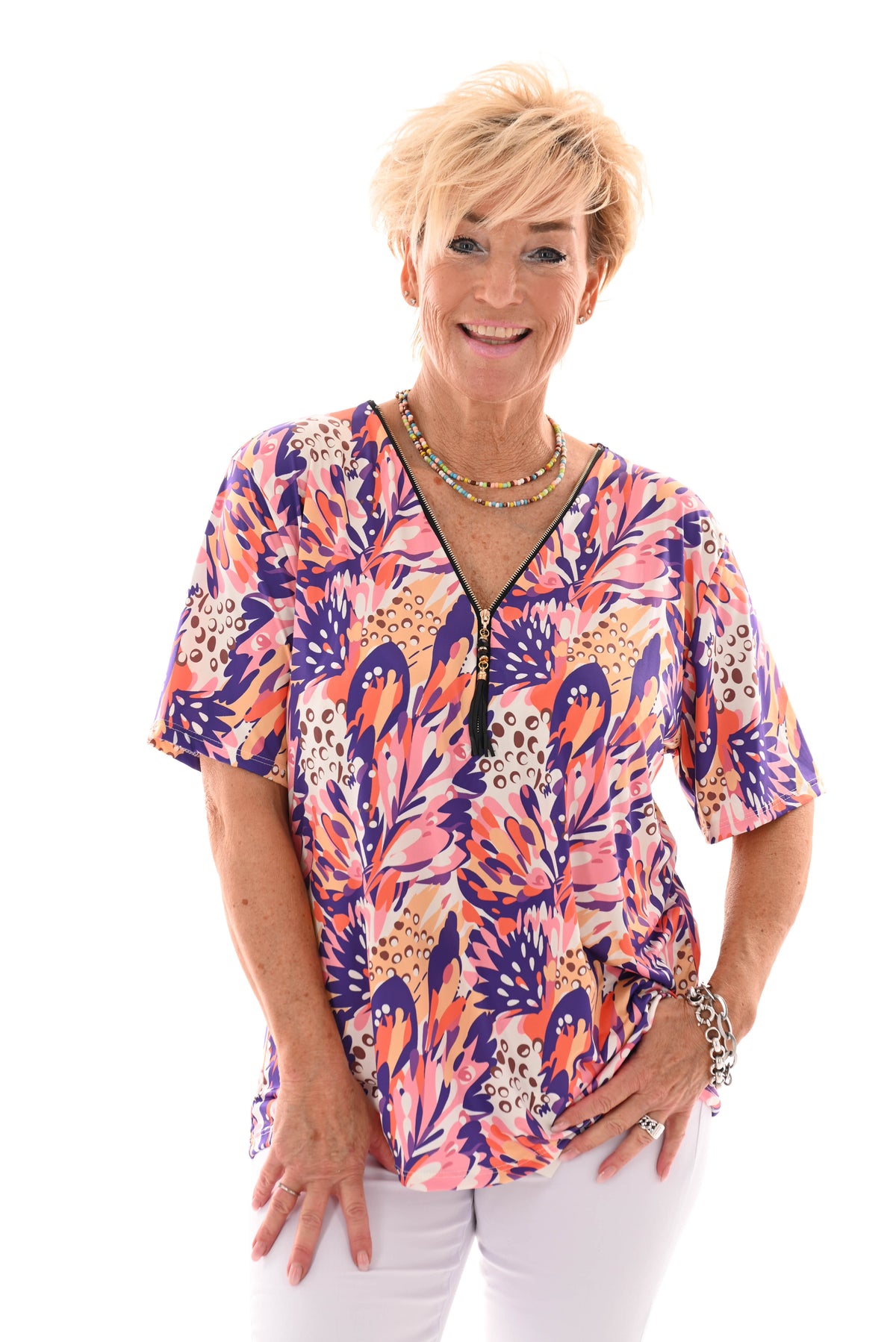 Travel top met rits bladeren paars