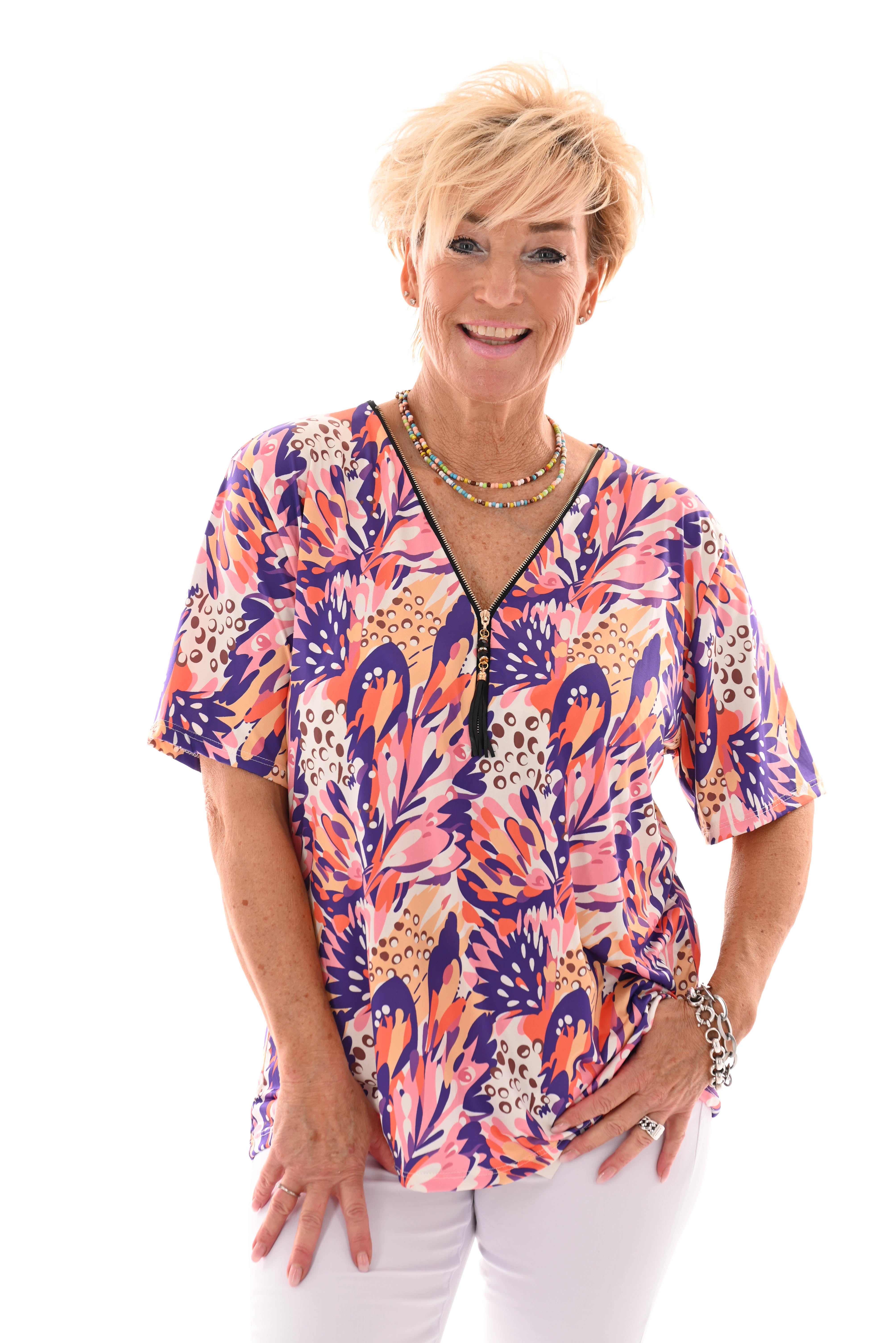Travel top met rits bladeren paars