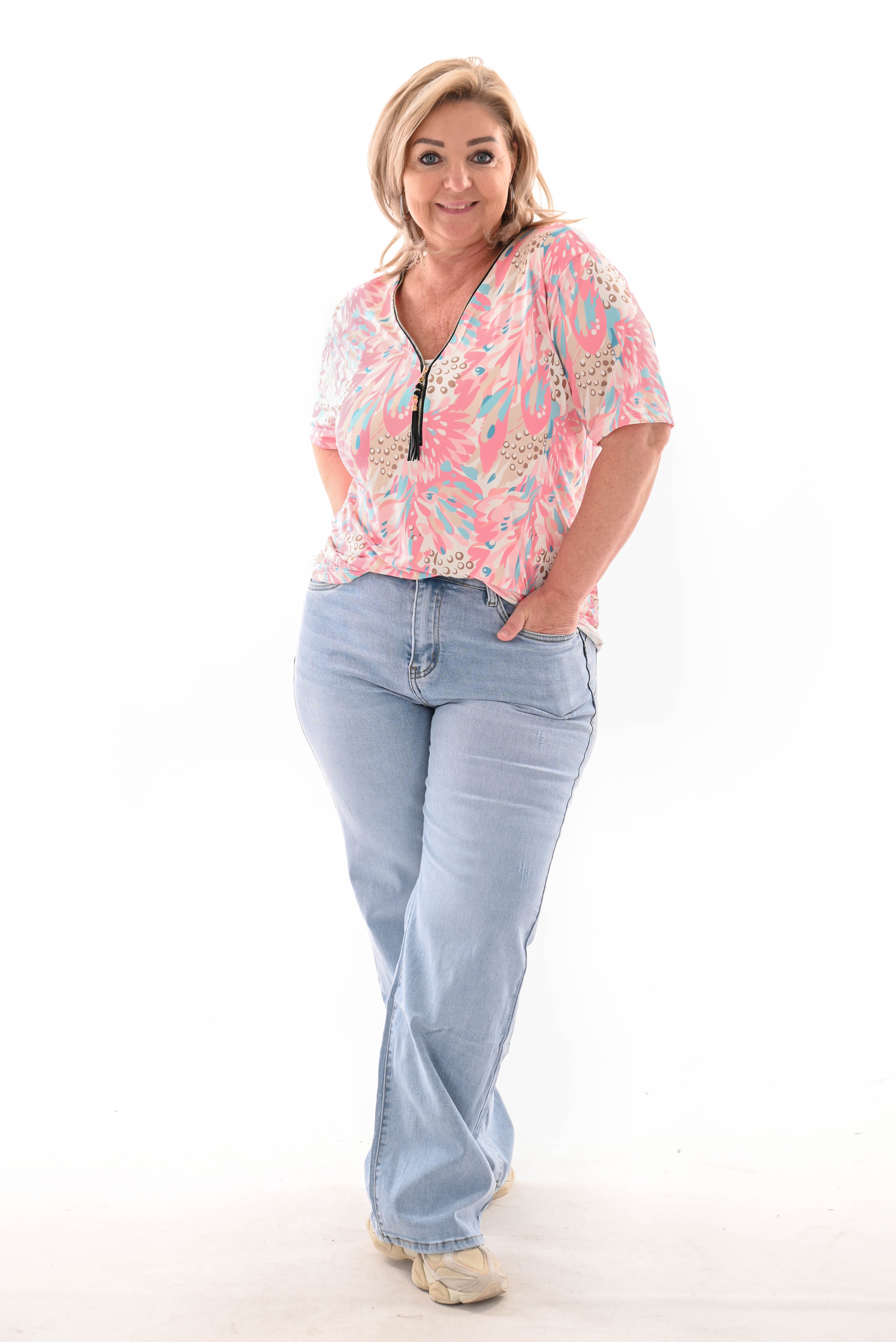 Travel top met rits bladeren lichtroze