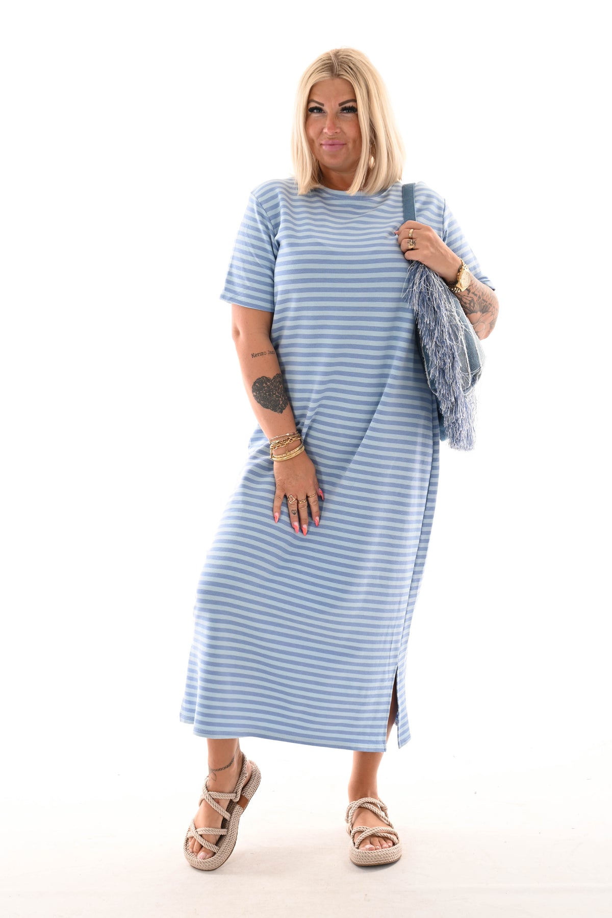 Sweaterdress korte mouwen gestreept lichtblauw/blauw