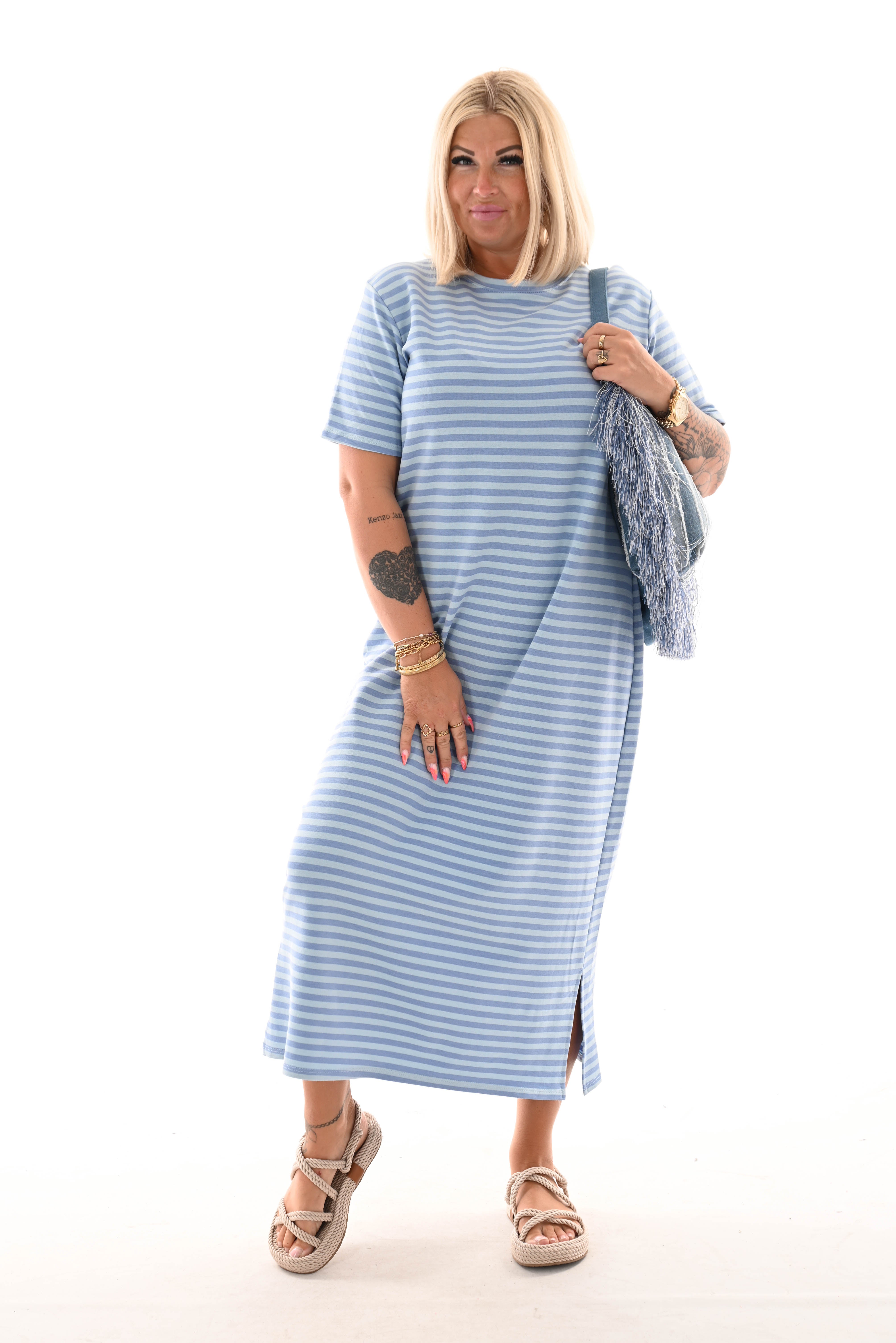 Sweaterdress korte mouwen gestreept lichtblauw/blauw