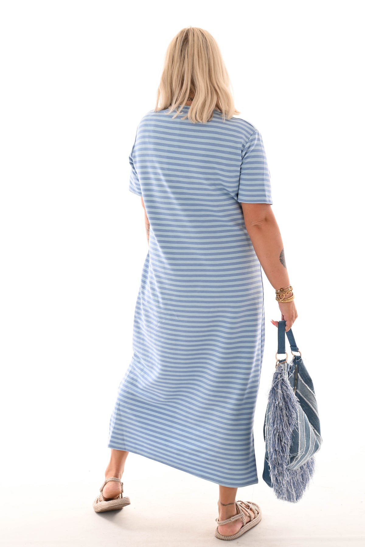 Sweaterdress korte mouwen gestreept lichtblauw/blauw
