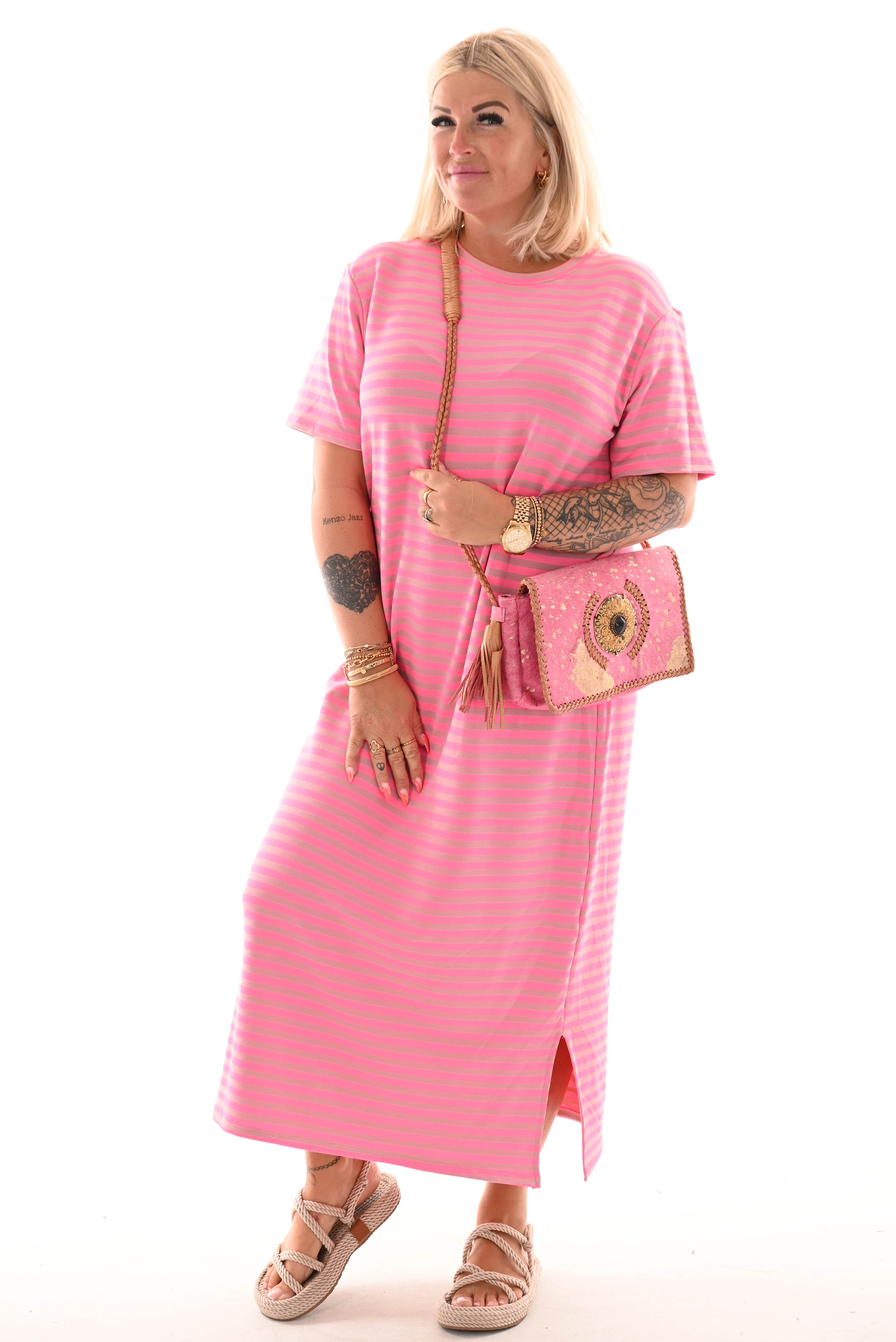 Sweaterdress korte mouwen gestreept roze