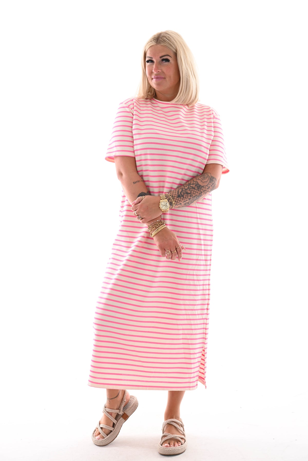 Sweaterdress korte mouwen gestreept roomwit/roze