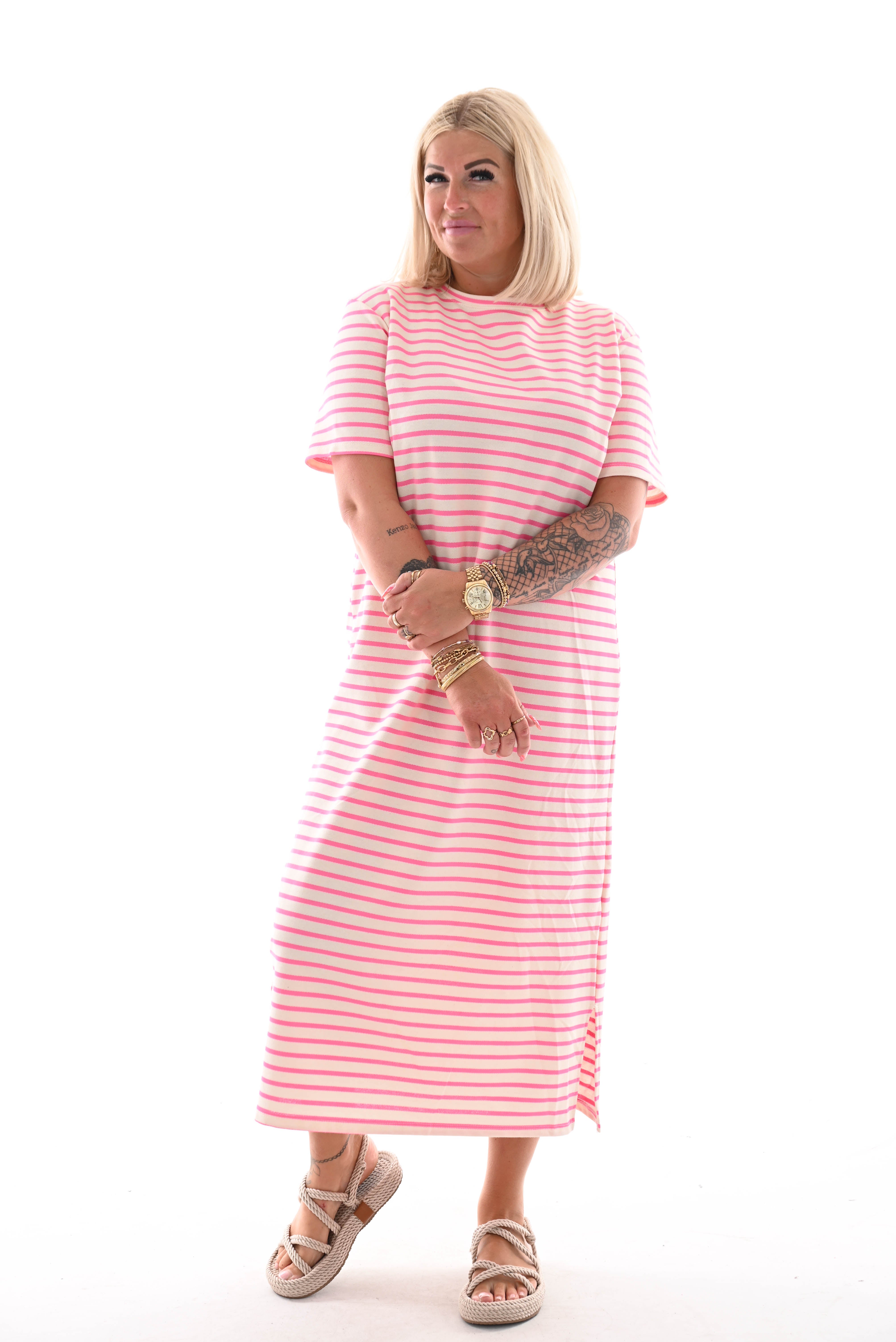 Sweaterdress korte mouwen gestreept roomwit/roze