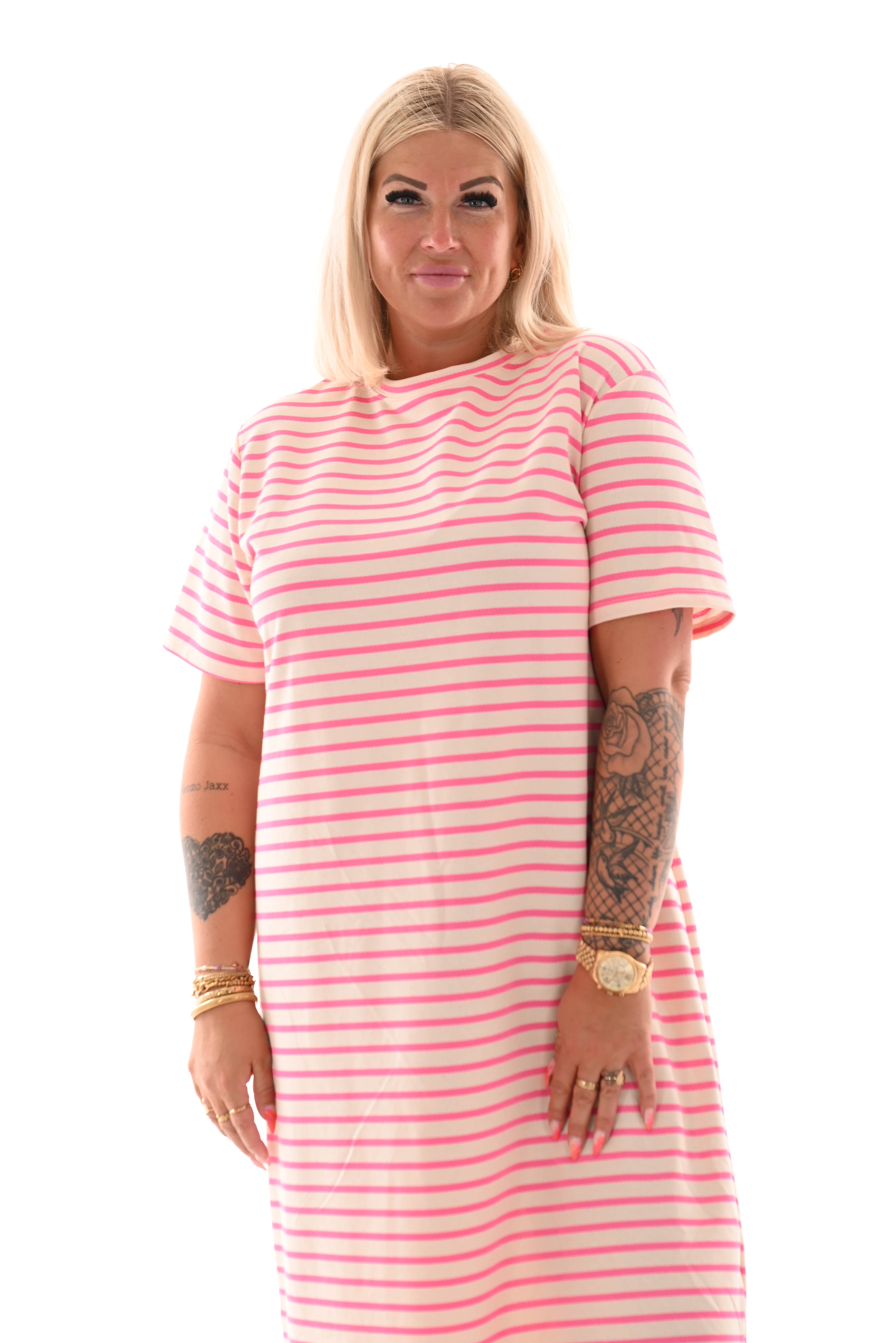 Sweaterdress korte mouwen gestreept roomwit/roze