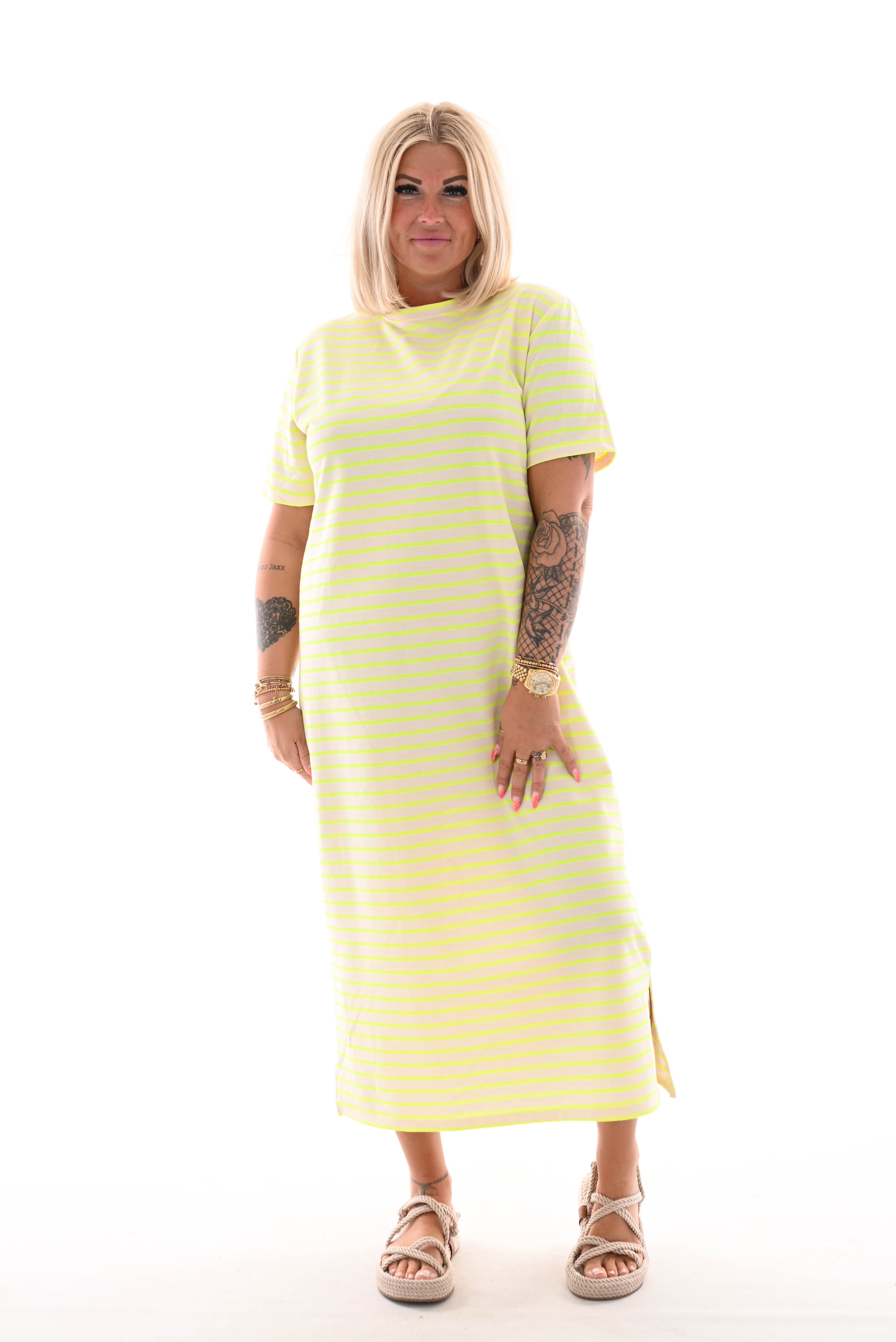 Sweaterdress korte mouwen gestreept creme/neongeel