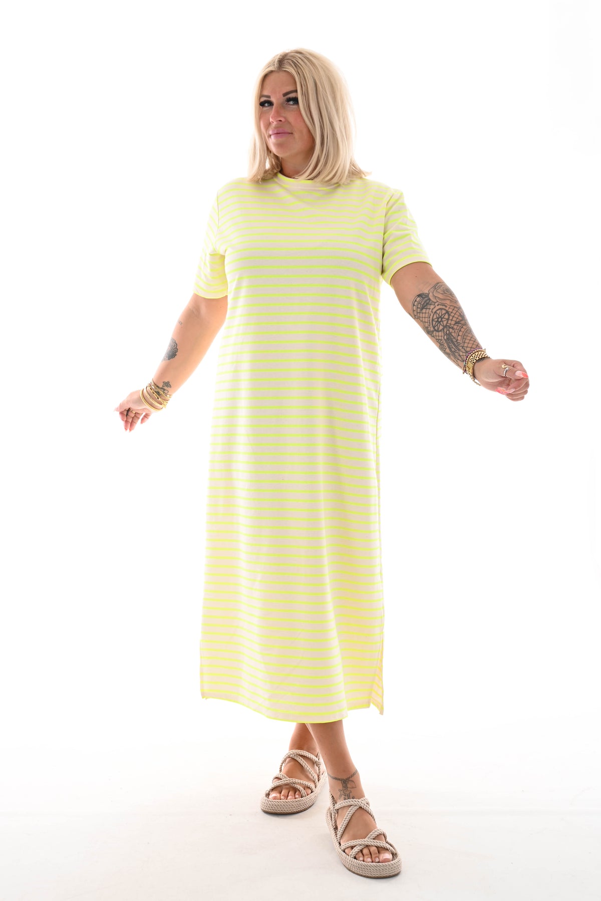 Sweaterdress korte mouwen gestreept creme/neongeel