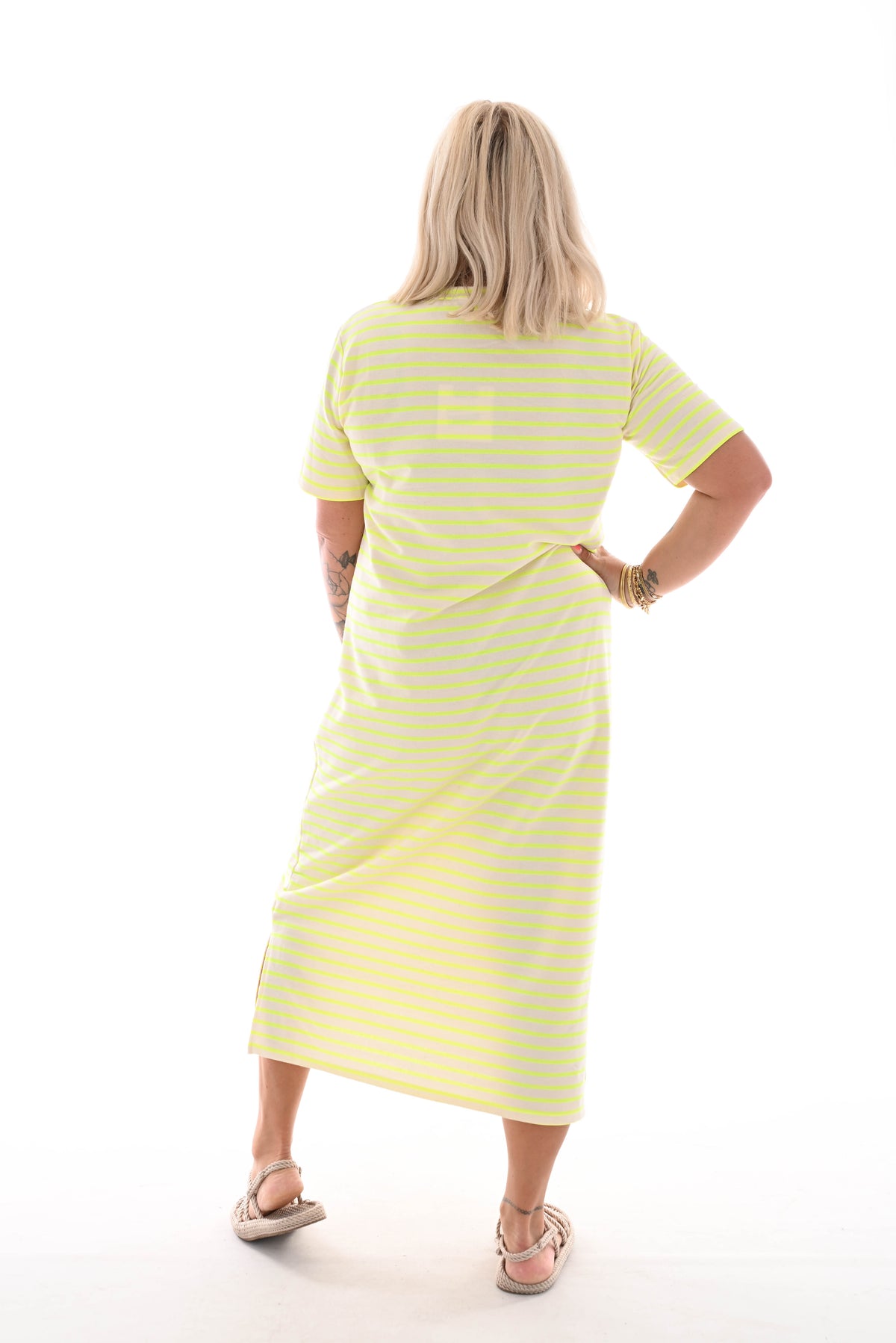 Sweaterdress korte mouwen gestreept creme/neongeel