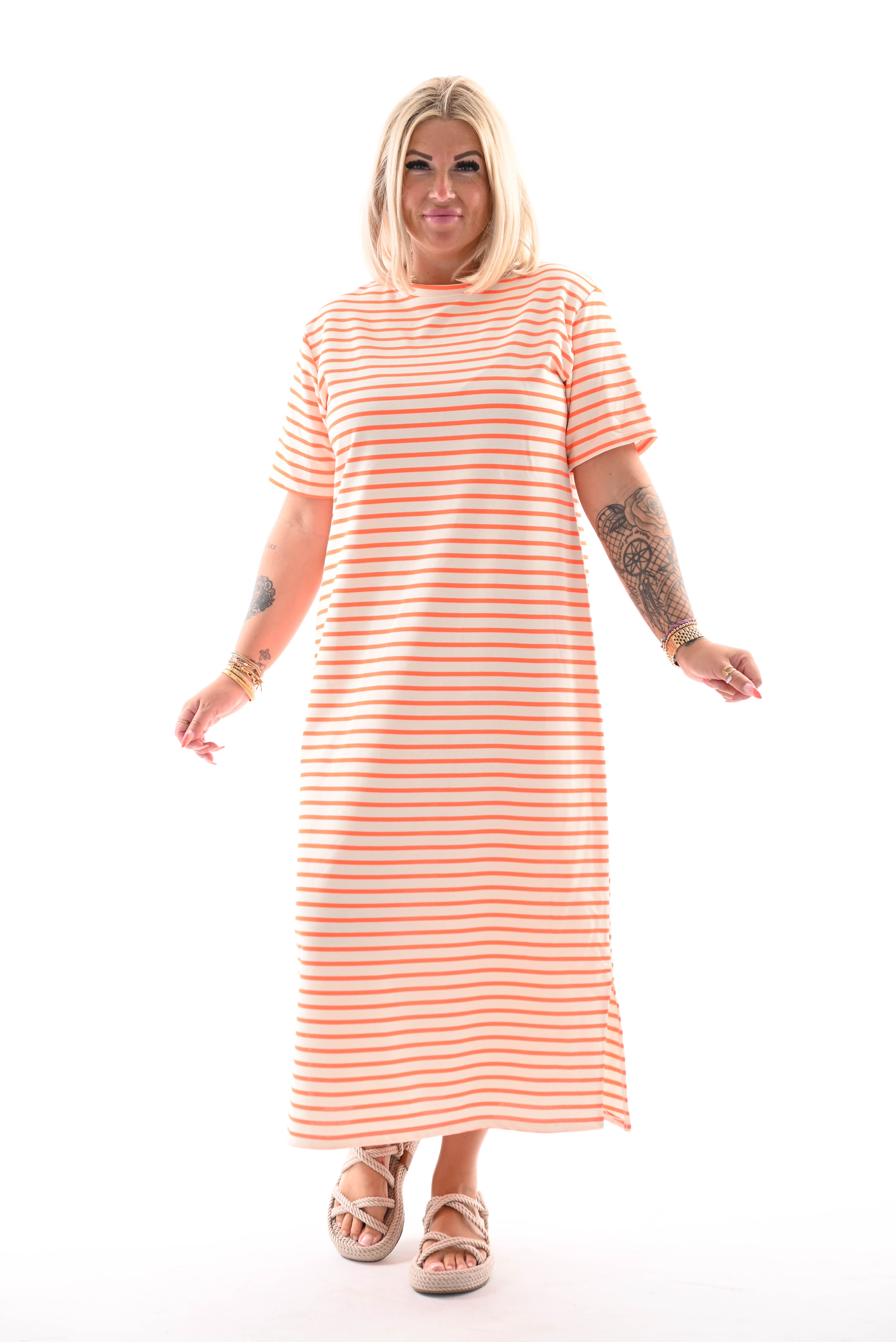Sweaterdress korte mouwen gestreept roomwit/oranje