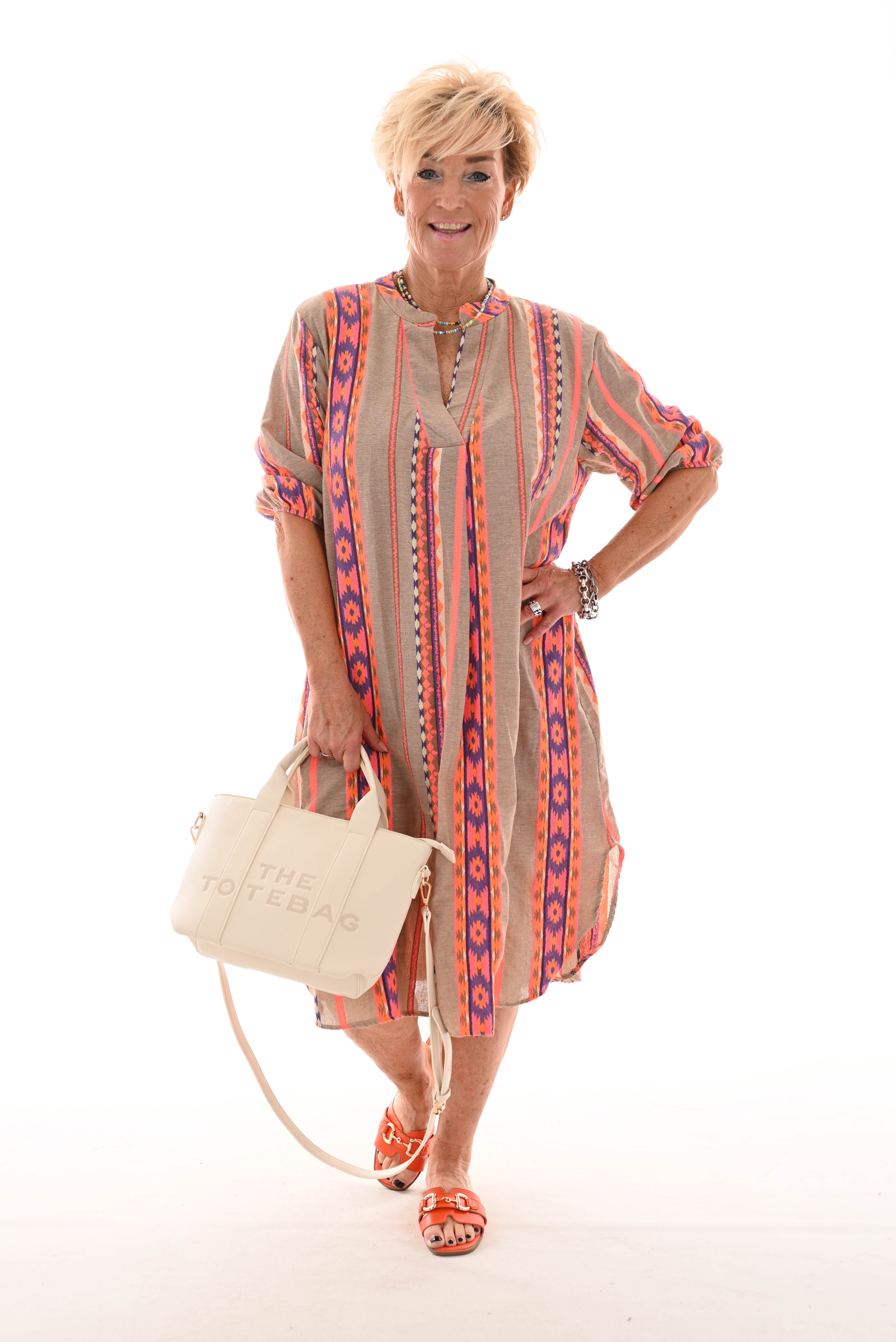 Jurk Aztec taupe/oranje