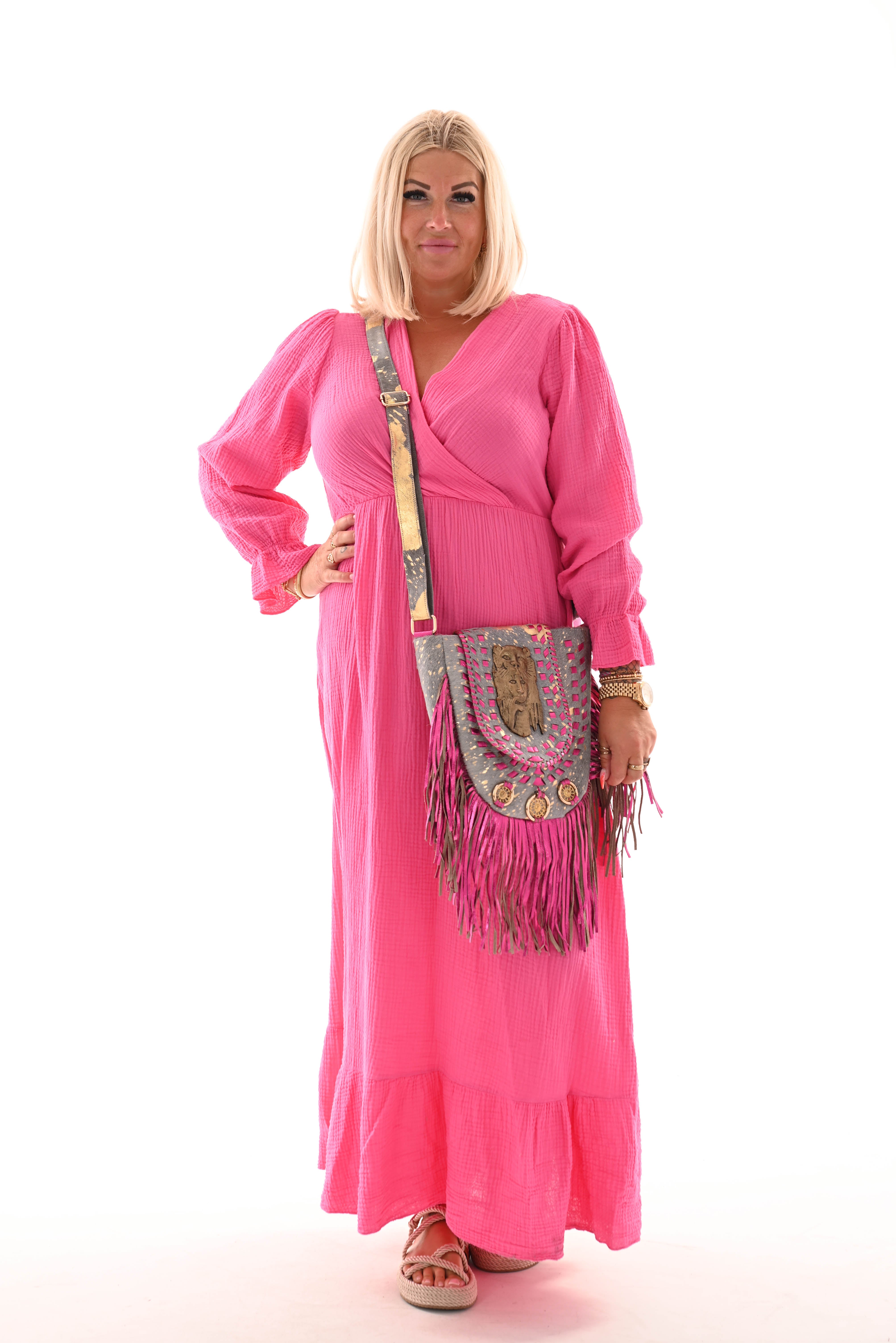 Lange jurk wafel overslag roze