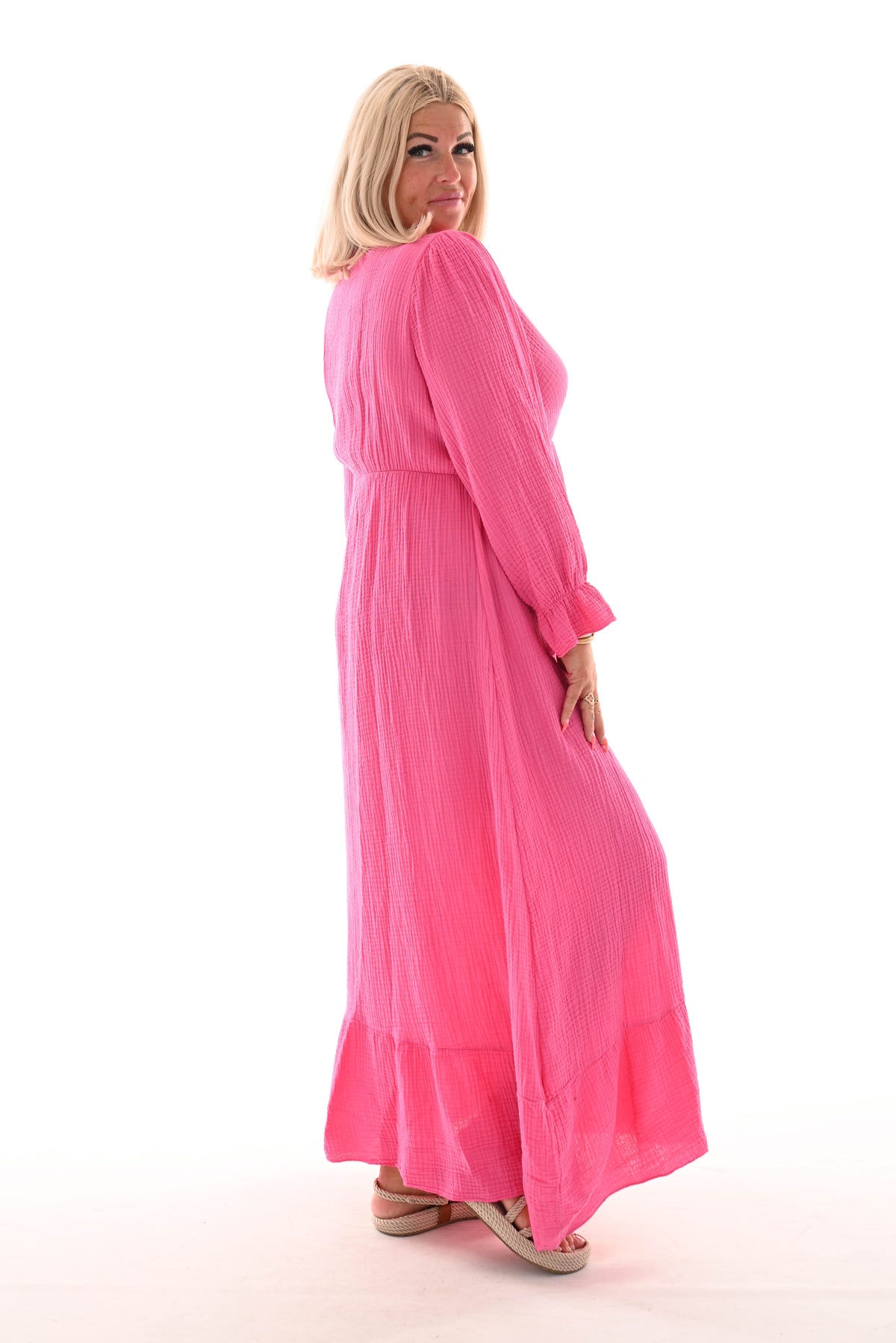 Lange jurk wafel overslag roze