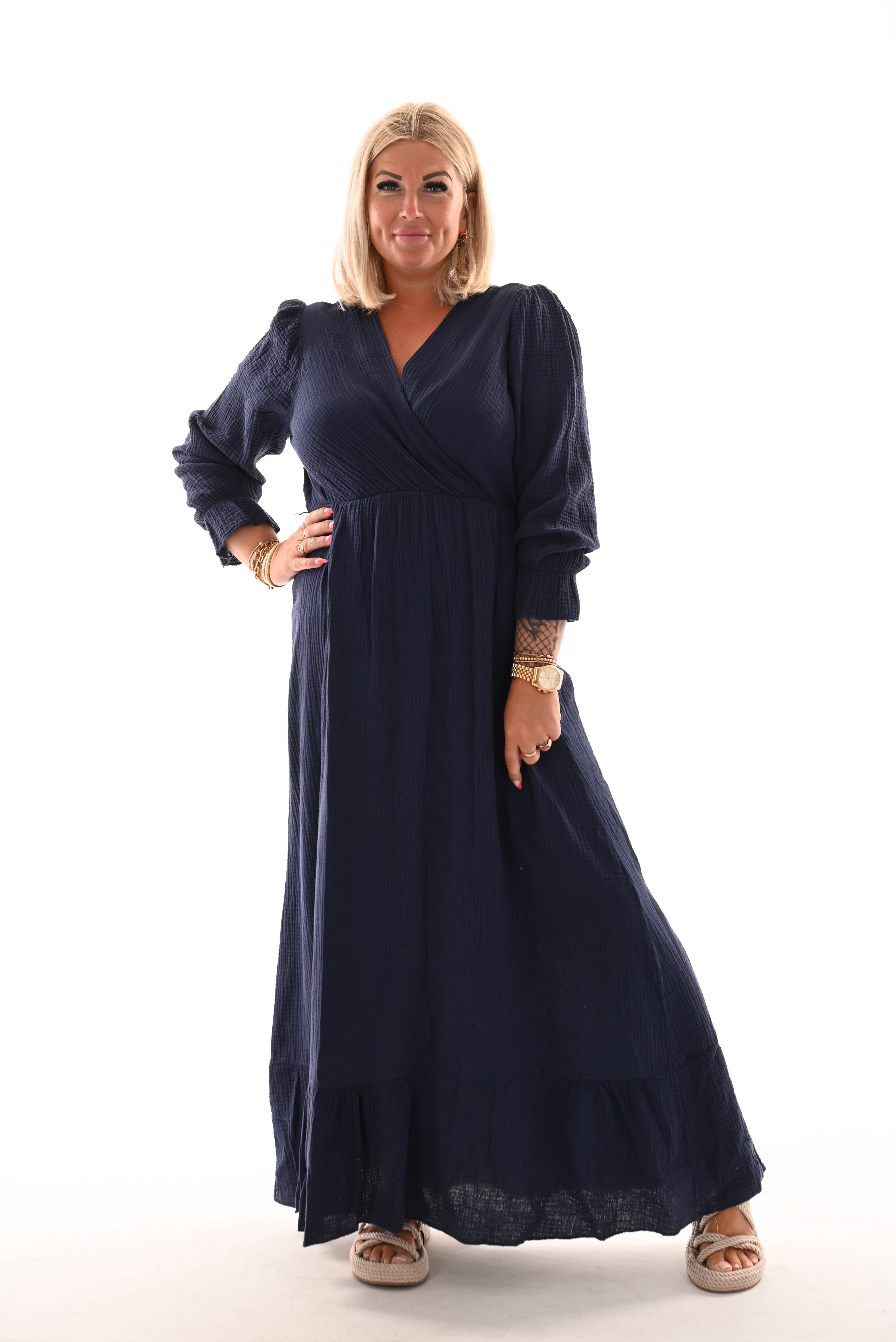 Lange jurk wafel overslag marineblauw