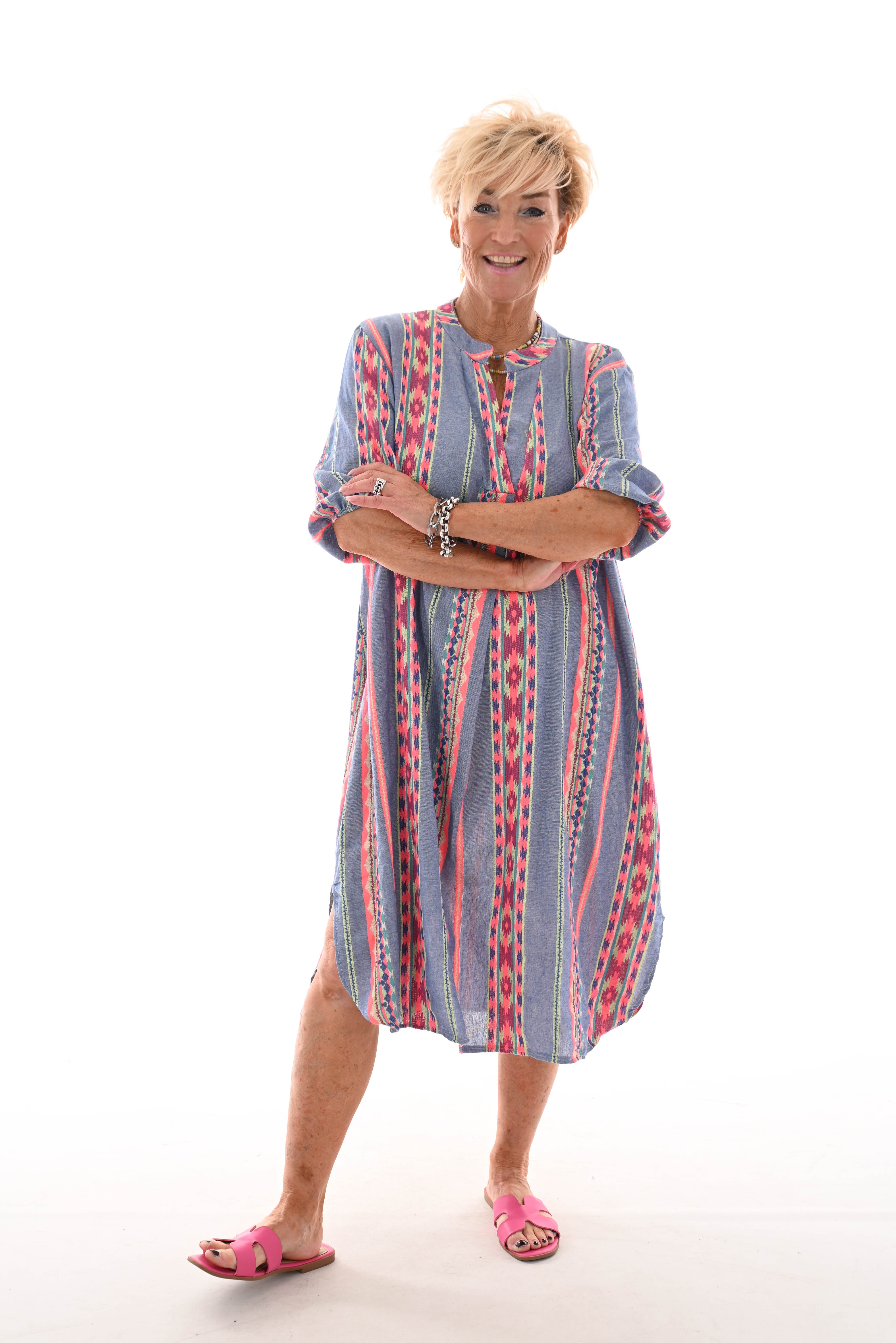 Jurk Aztec jeansblauw/felroze