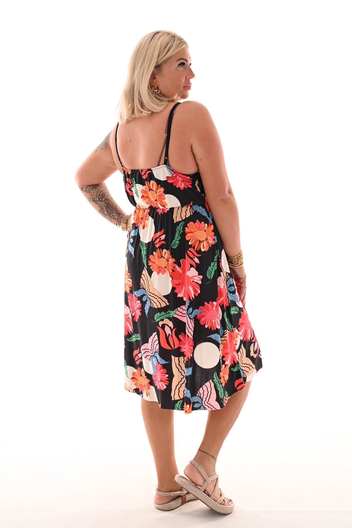 Korte jurk spaghetti bandjes bloemen print zwart