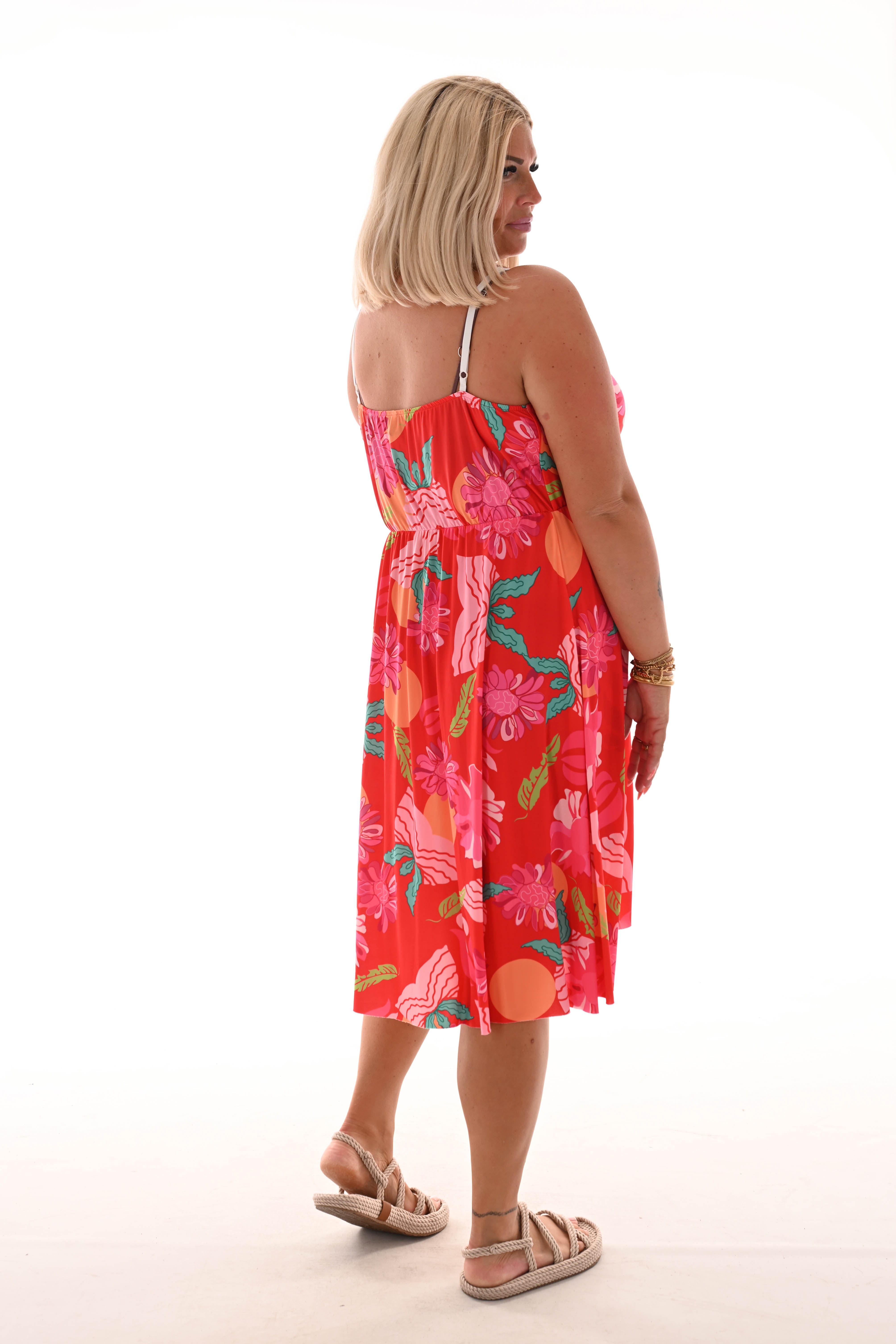 Korte jurk spaghetti bandjes bloemen print rood