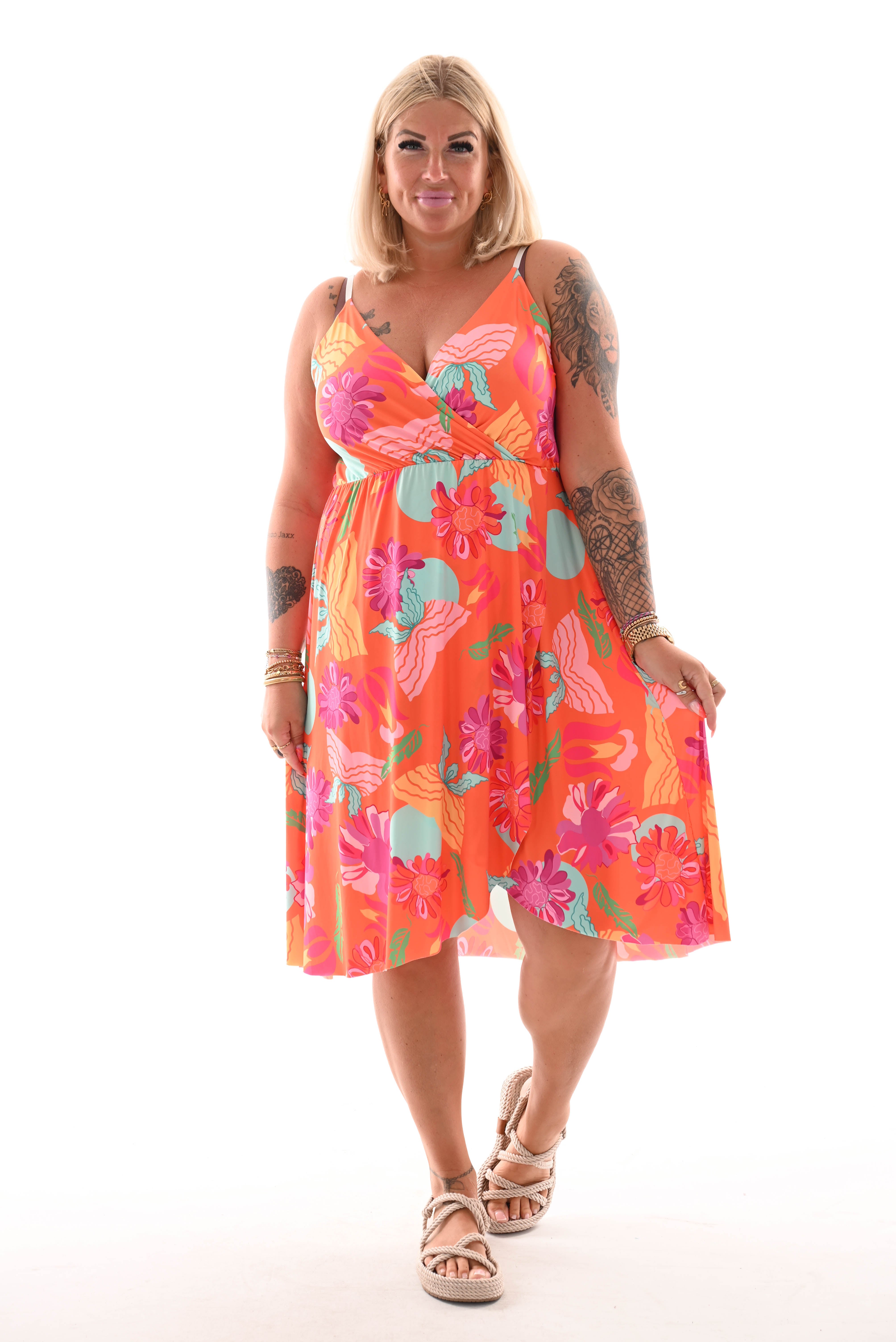 Korte jurk spaghetti bandjes bloemen print oranje