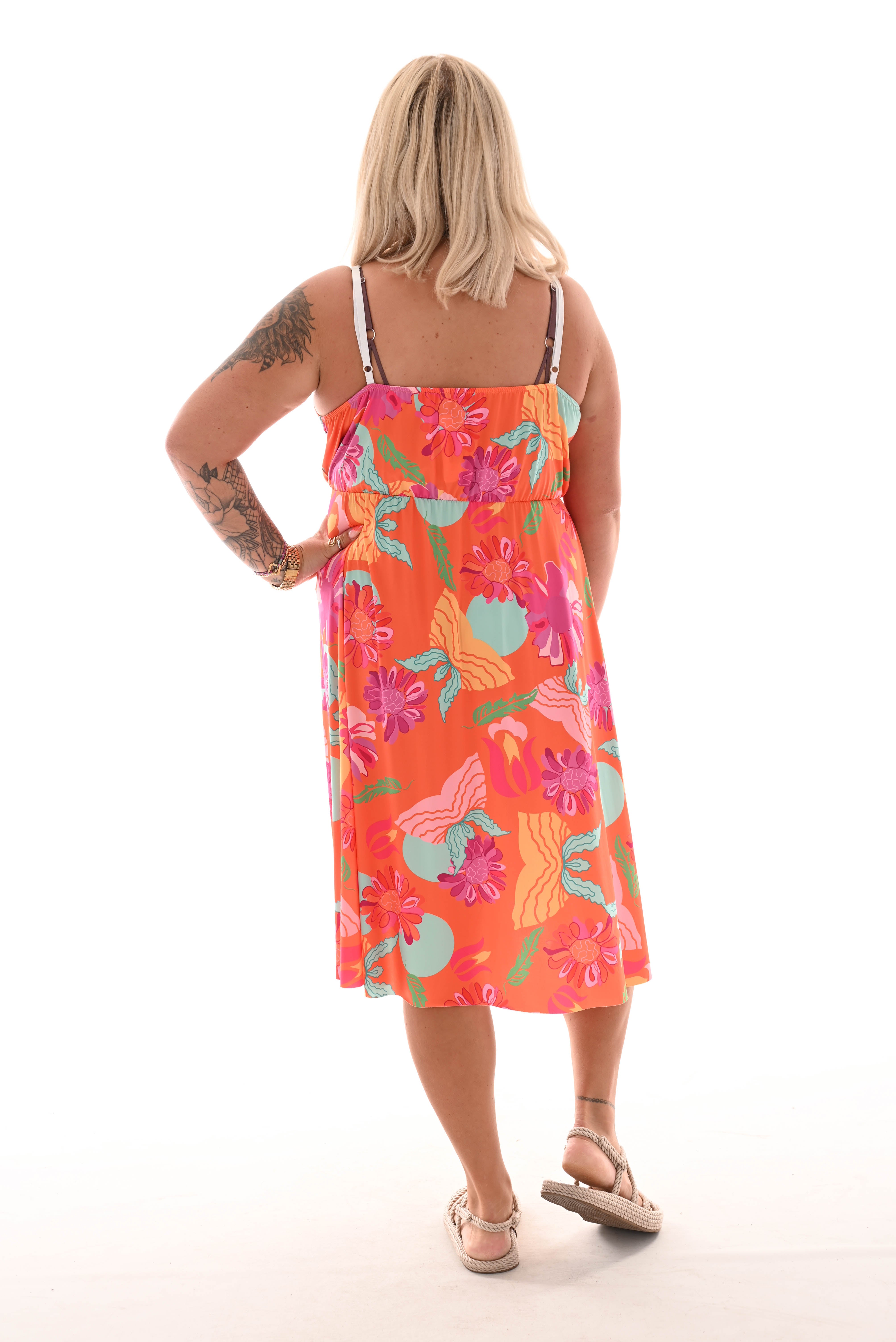 Korte jurk spaghetti bandjes bloemen print oranje