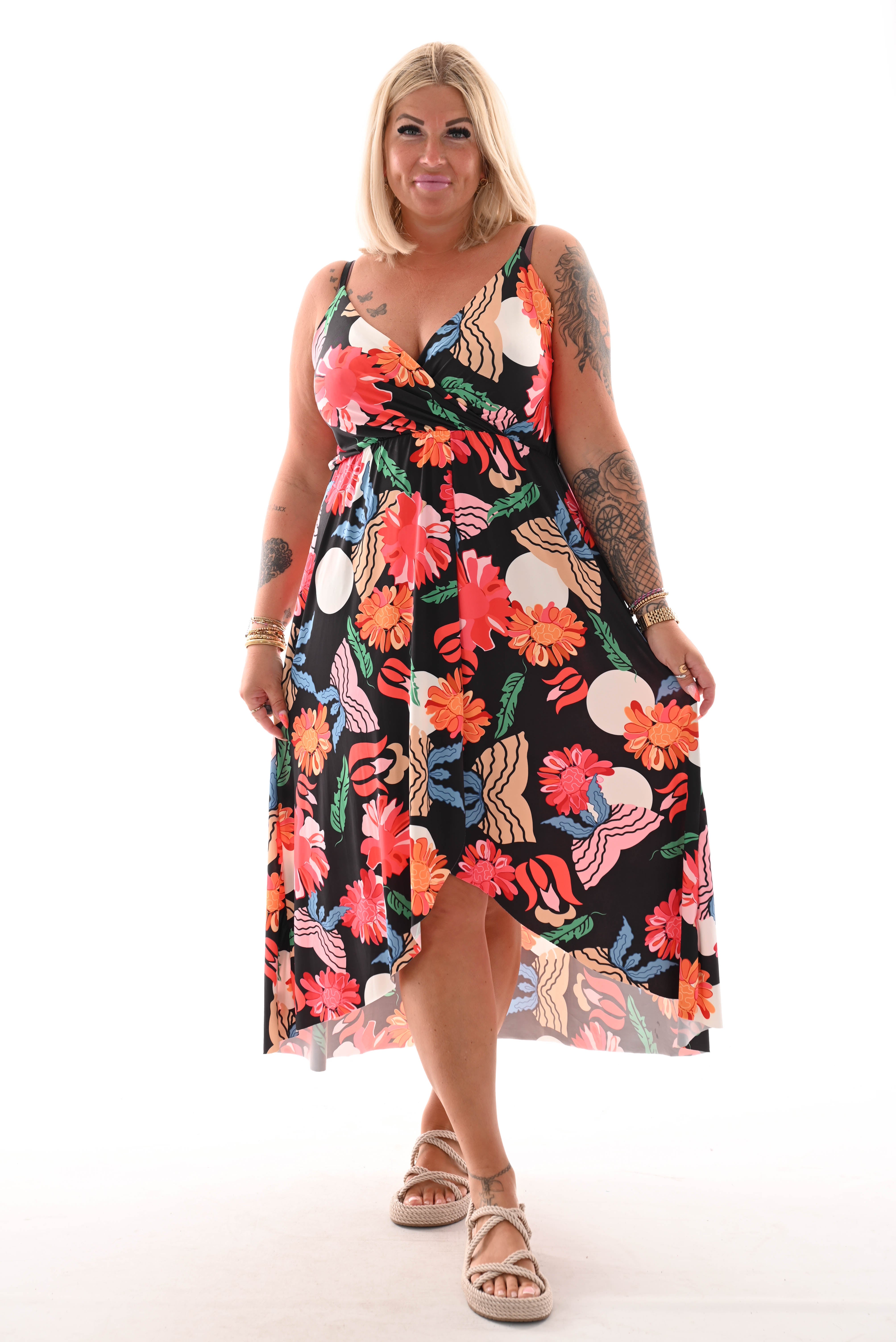 Lange jurk spaghetti bandjes bloemen print zwart