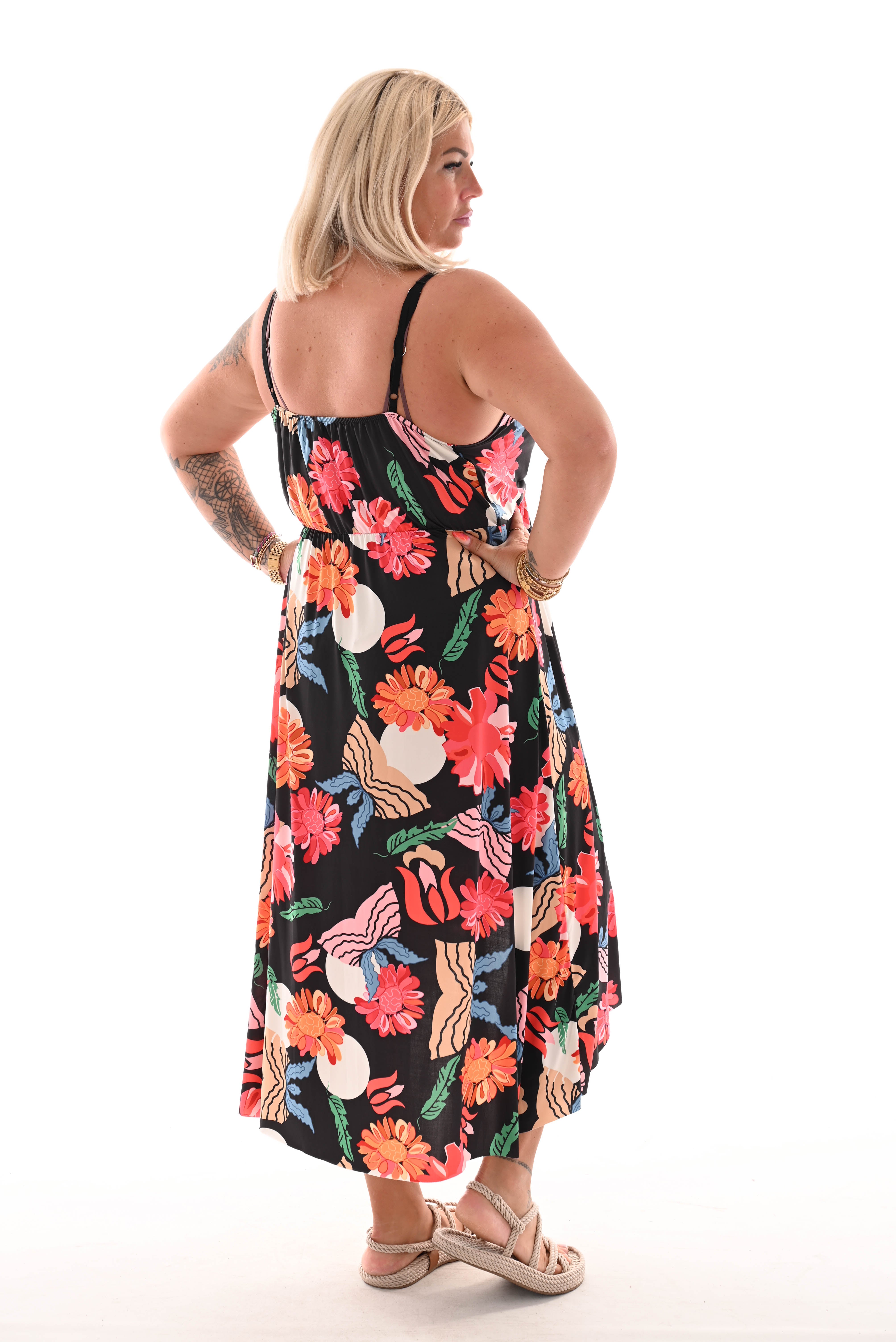 Lange jurk spaghetti bandjes bloemen print zwart
