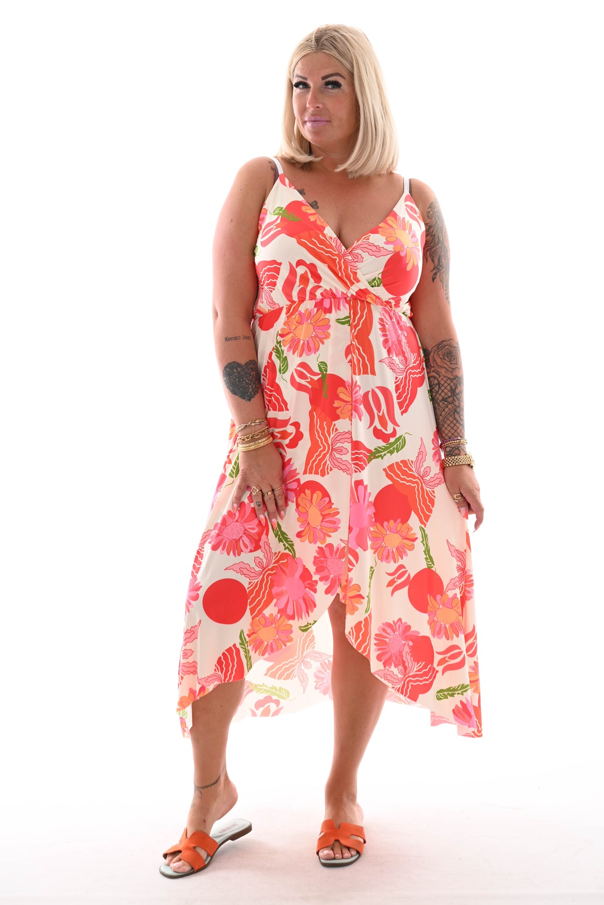 Lange jurk spaghetti bandjes bloemen print creme