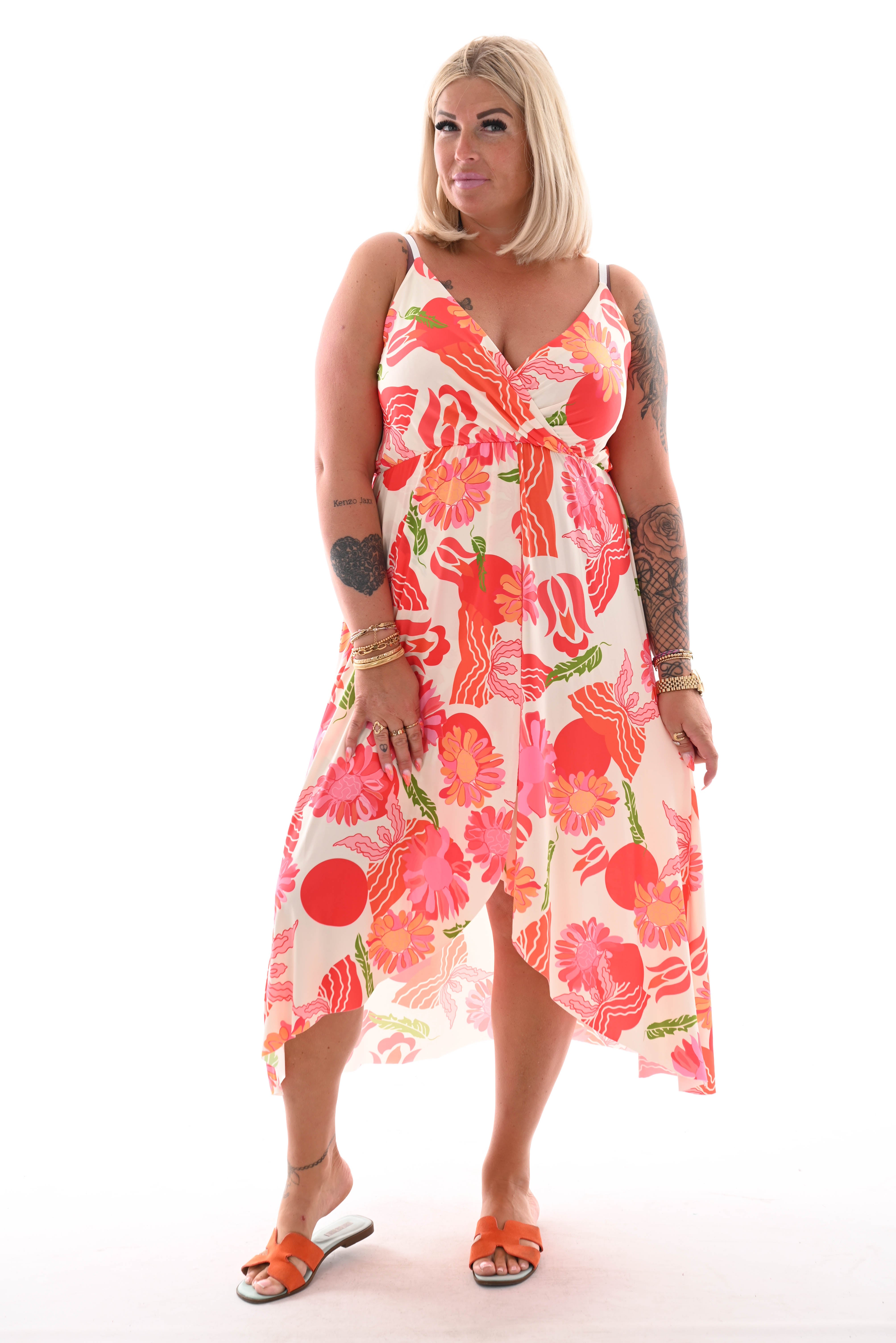 Lange jurk spaghetti bandjes bloemen print creme