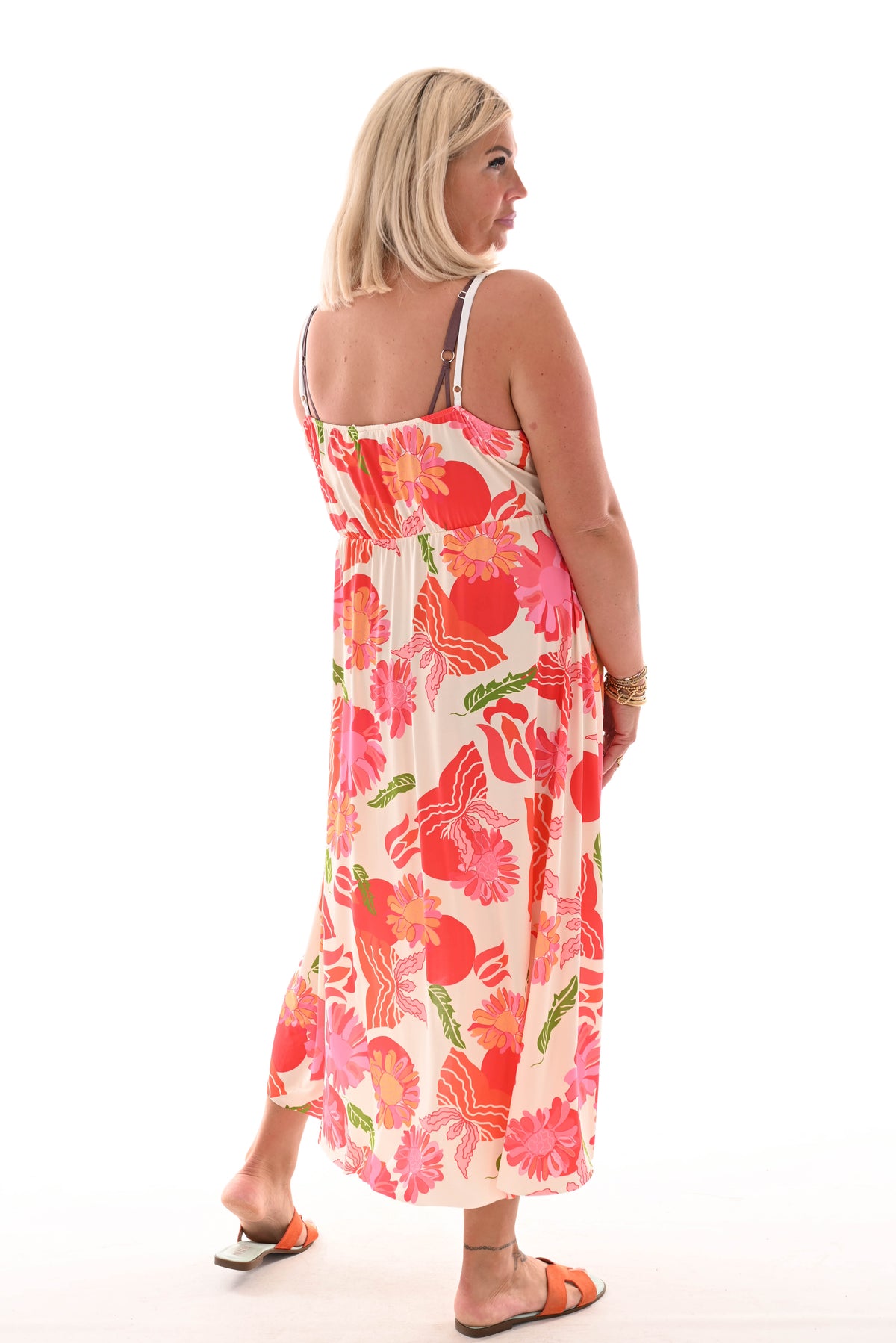 Lange jurk spaghetti bandjes bloemen print creme