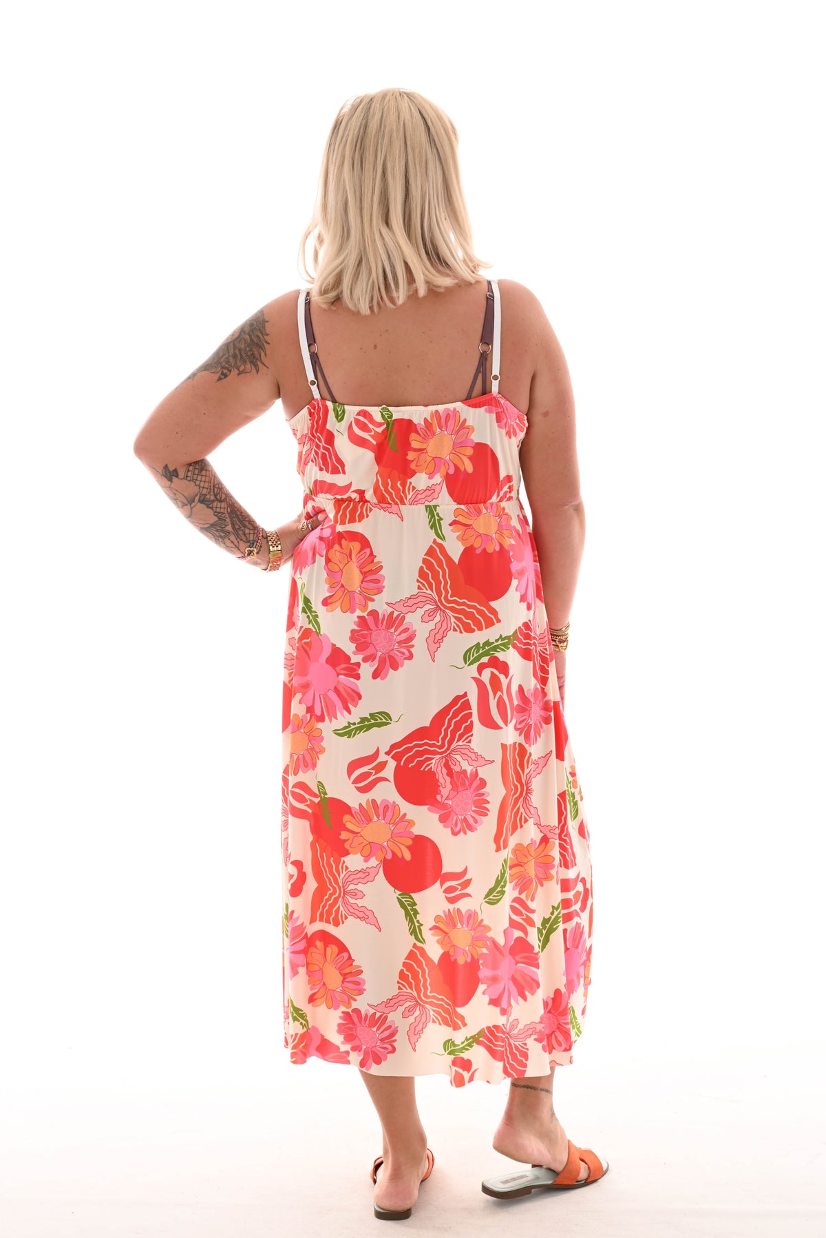 Lange jurk spaghetti bandjes bloemen print creme