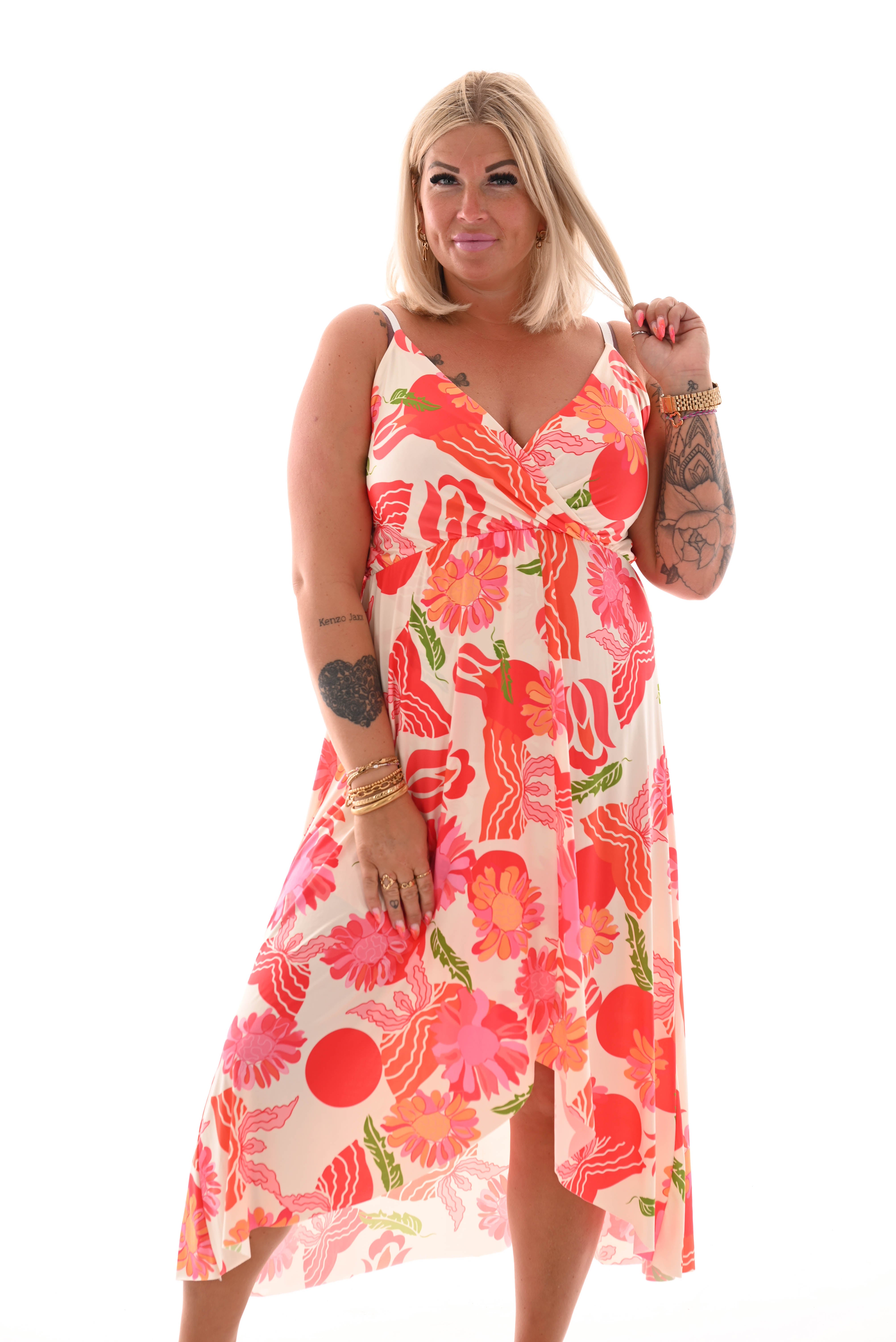 Lange jurk spaghetti bandjes bloemen print creme