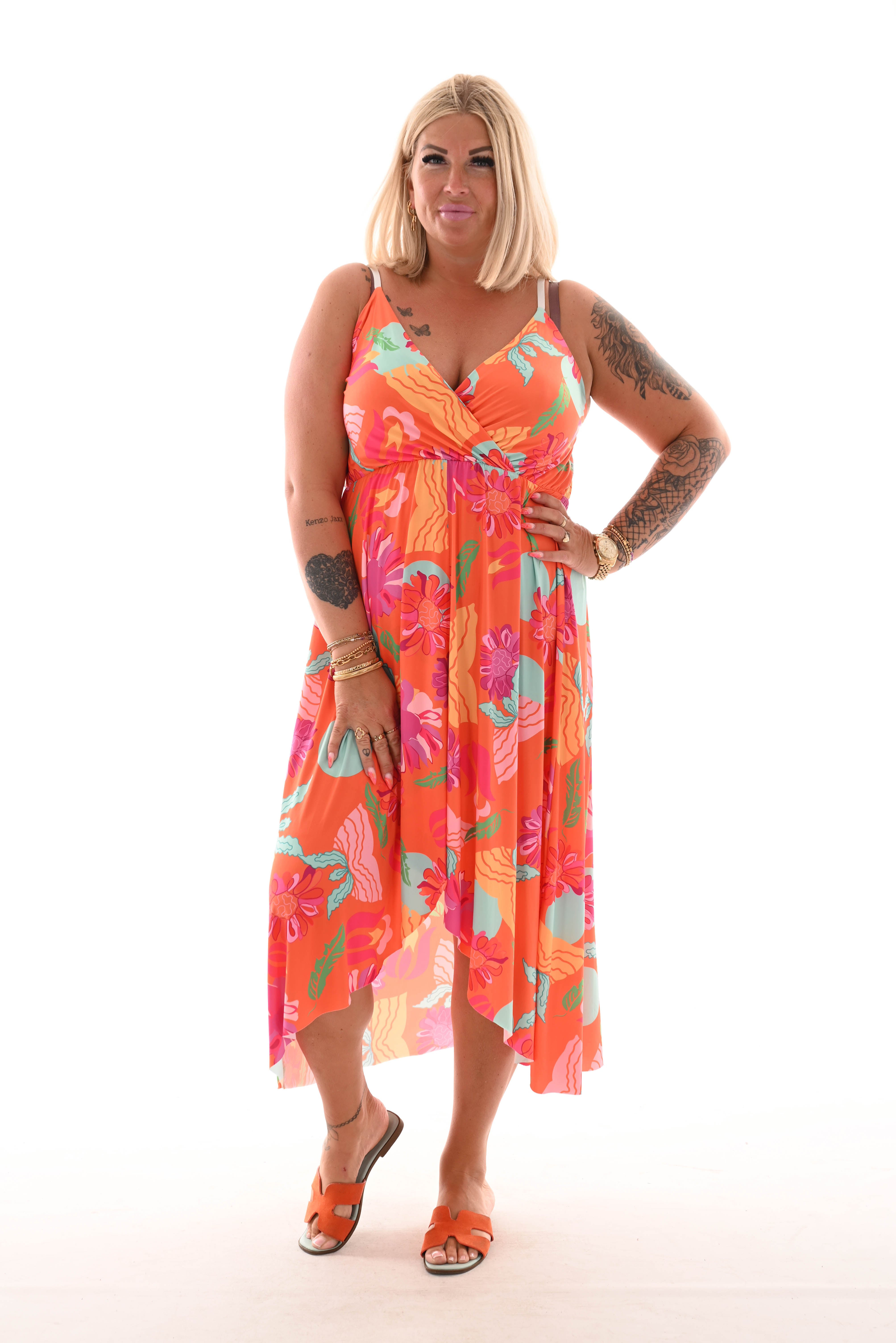 Lange jurk spaghetti bandjes bloemen print oranje