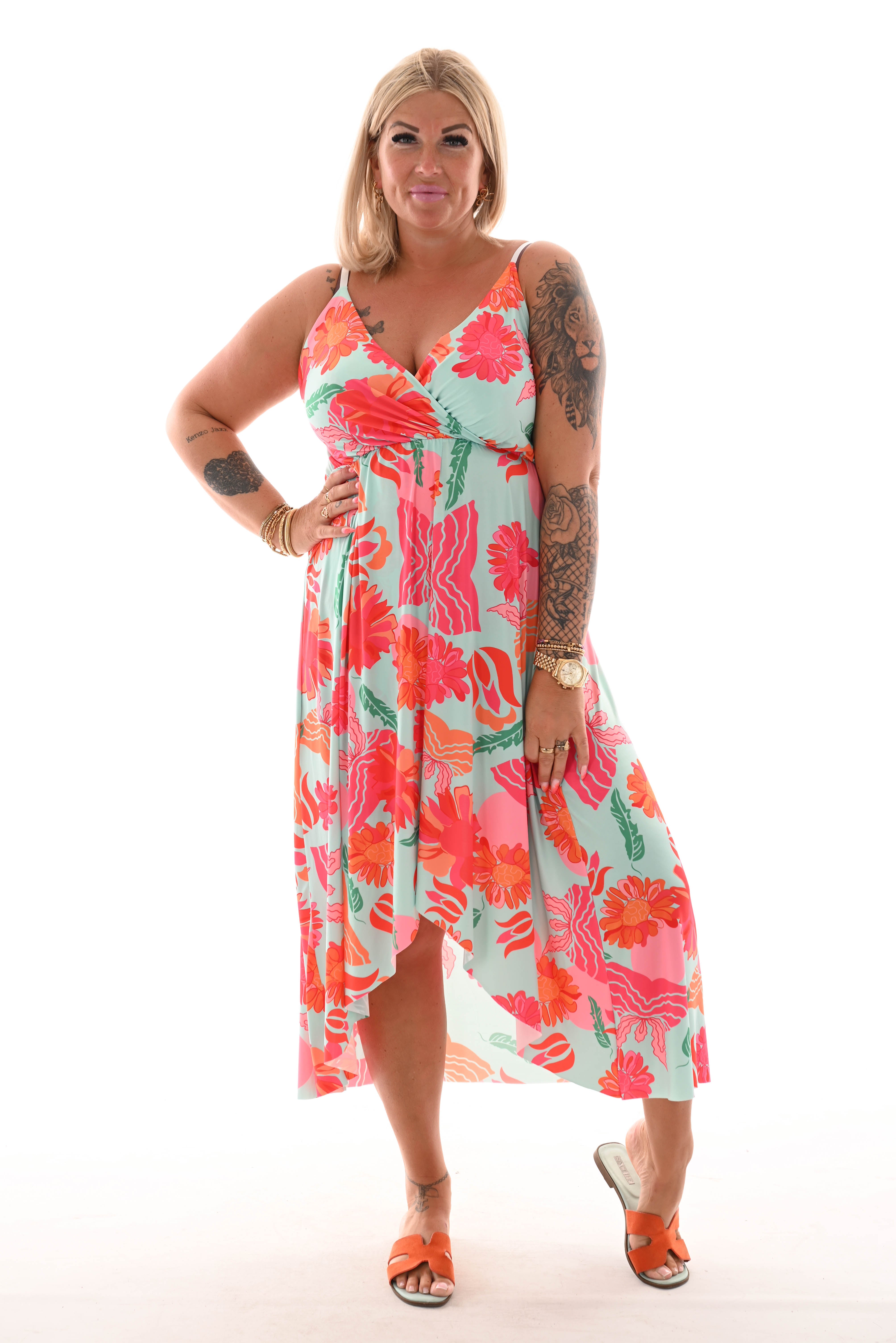 Lange jurk spaghetti bandjes bloemen print lichtblauw