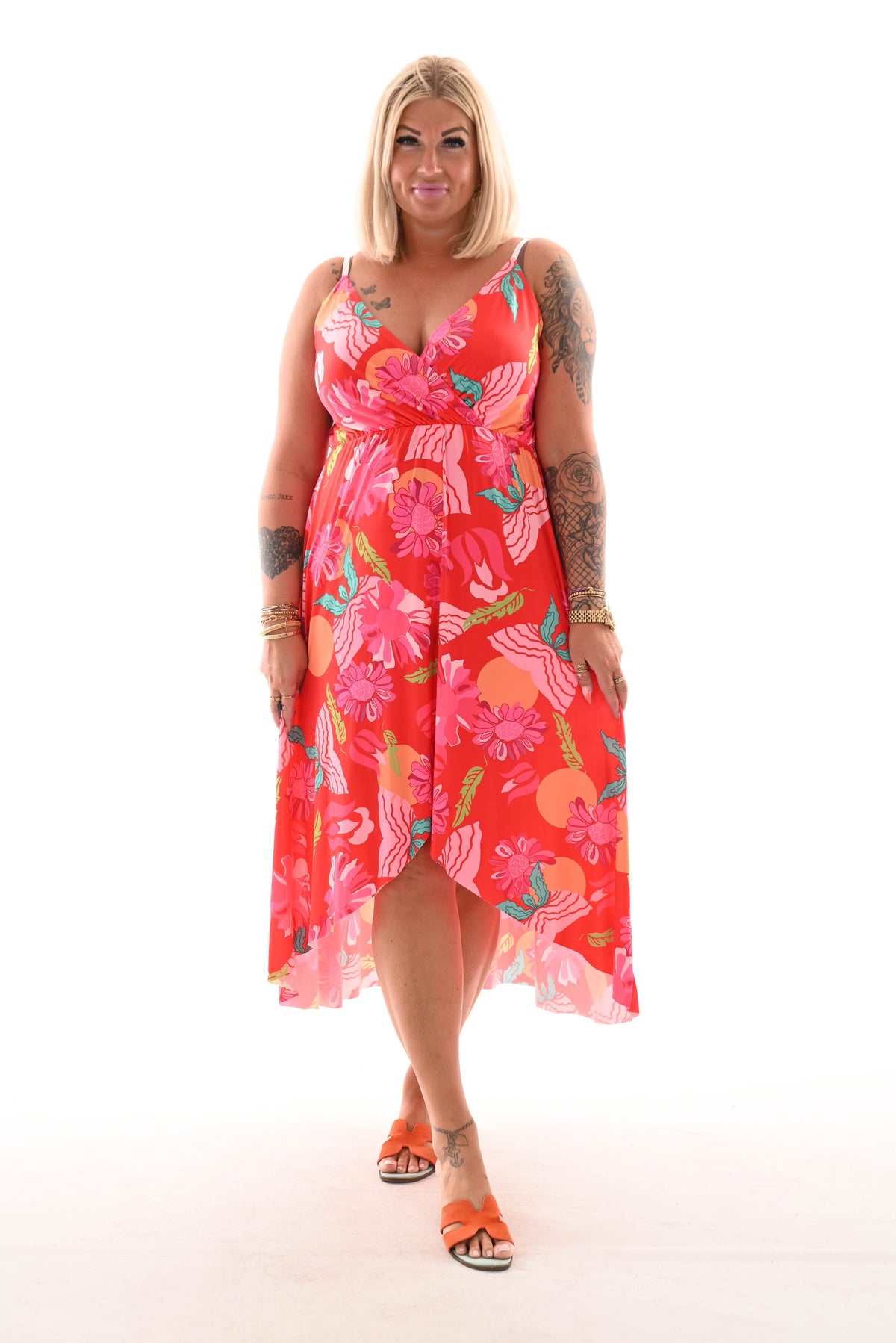 Lange jurk spaghetti bandjes bloemen print rood