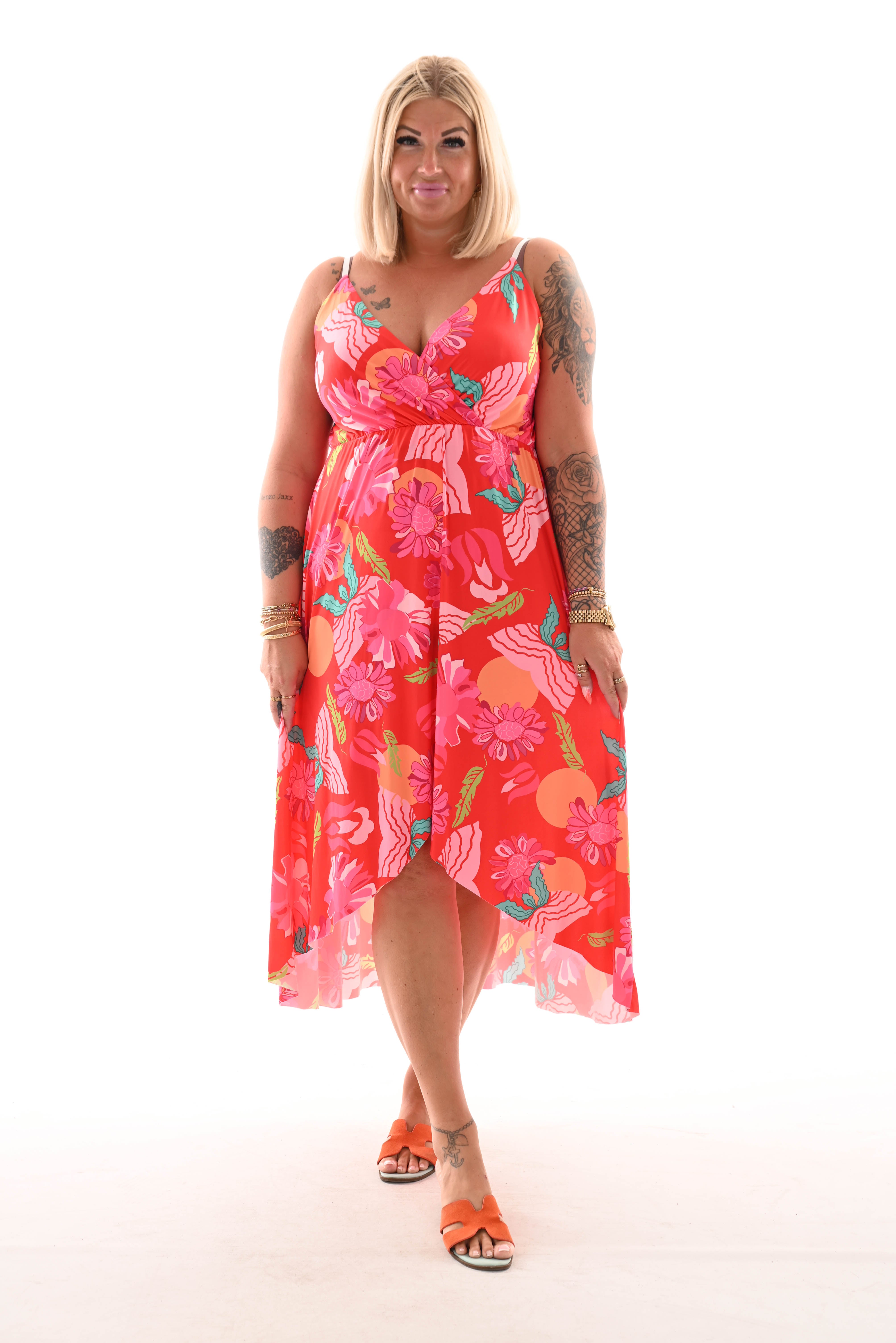 Lange jurk spaghetti bandjes bloemen print rood