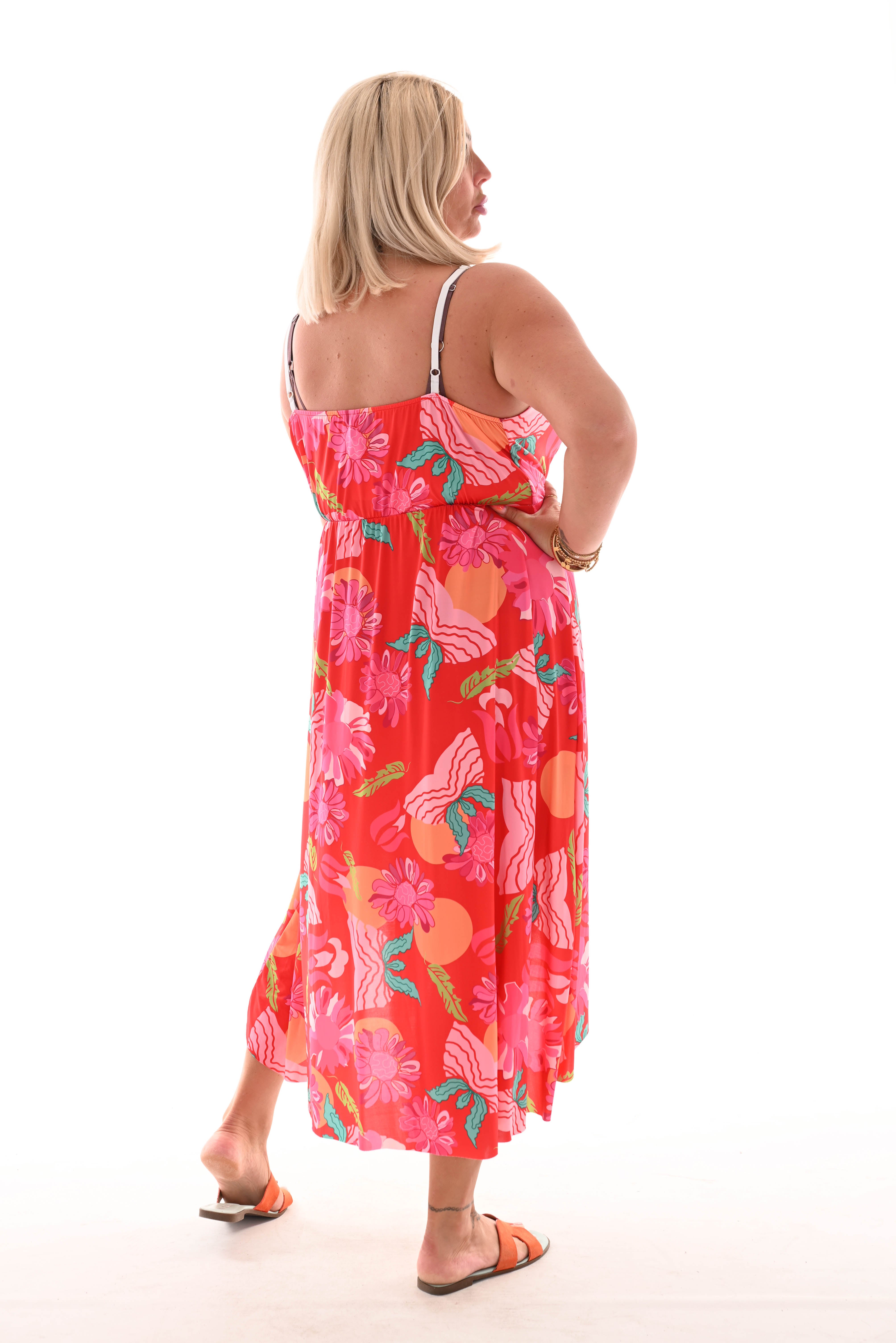 Lange jurk spaghetti bandjes bloemen print rood