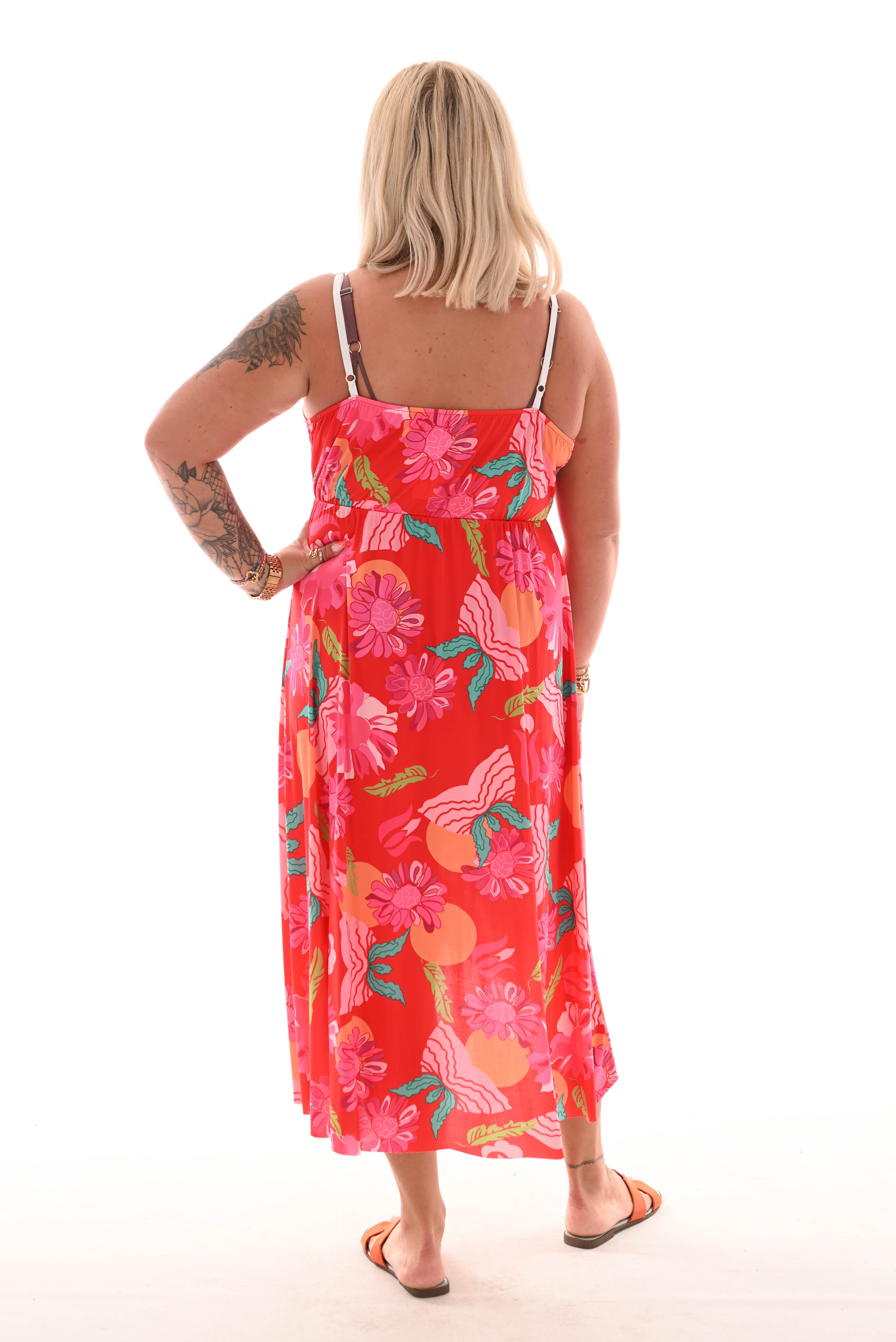 Lange jurk spaghetti bandjes bloemen print rood