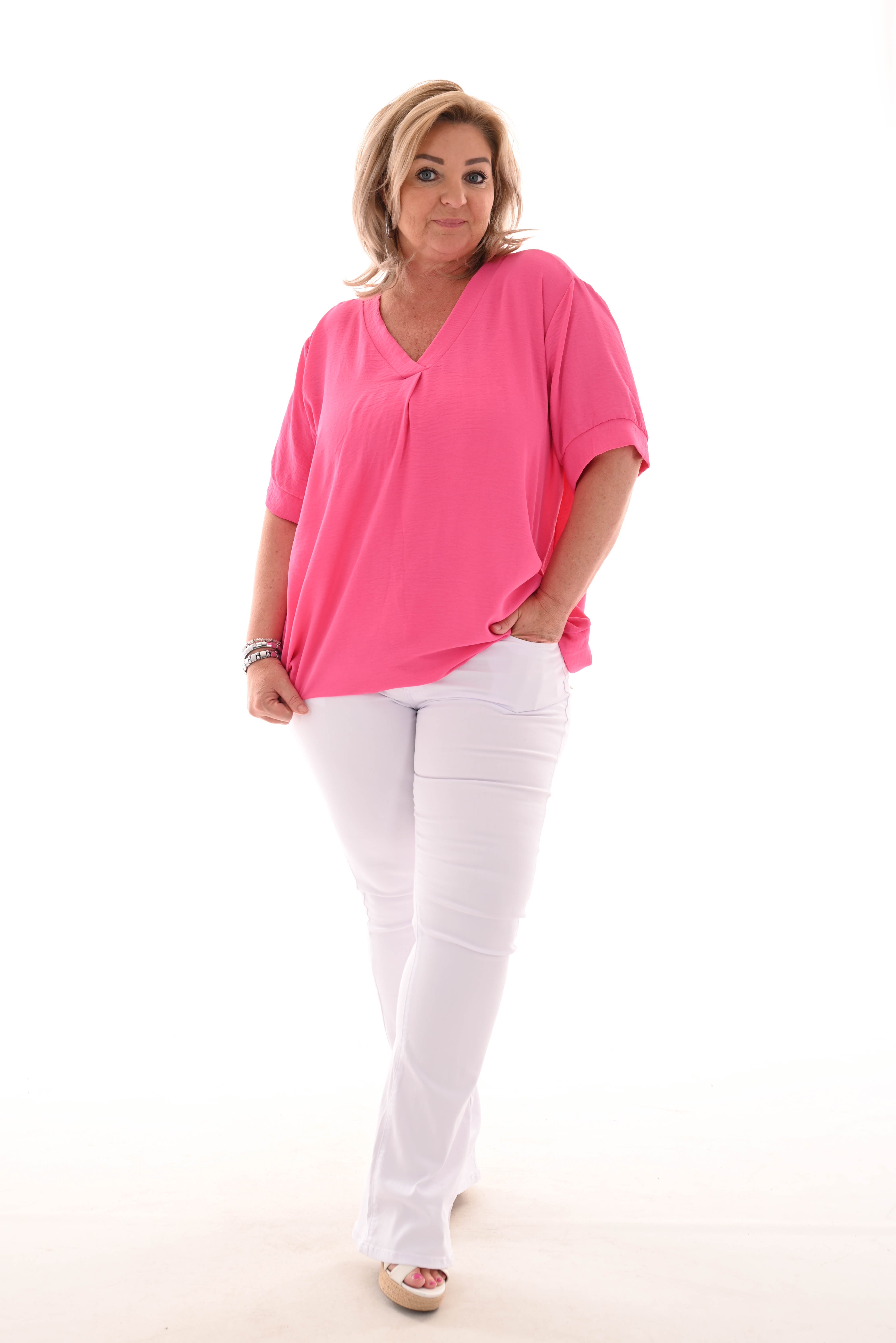 Ballon top korte mouwen v-hals uni roze