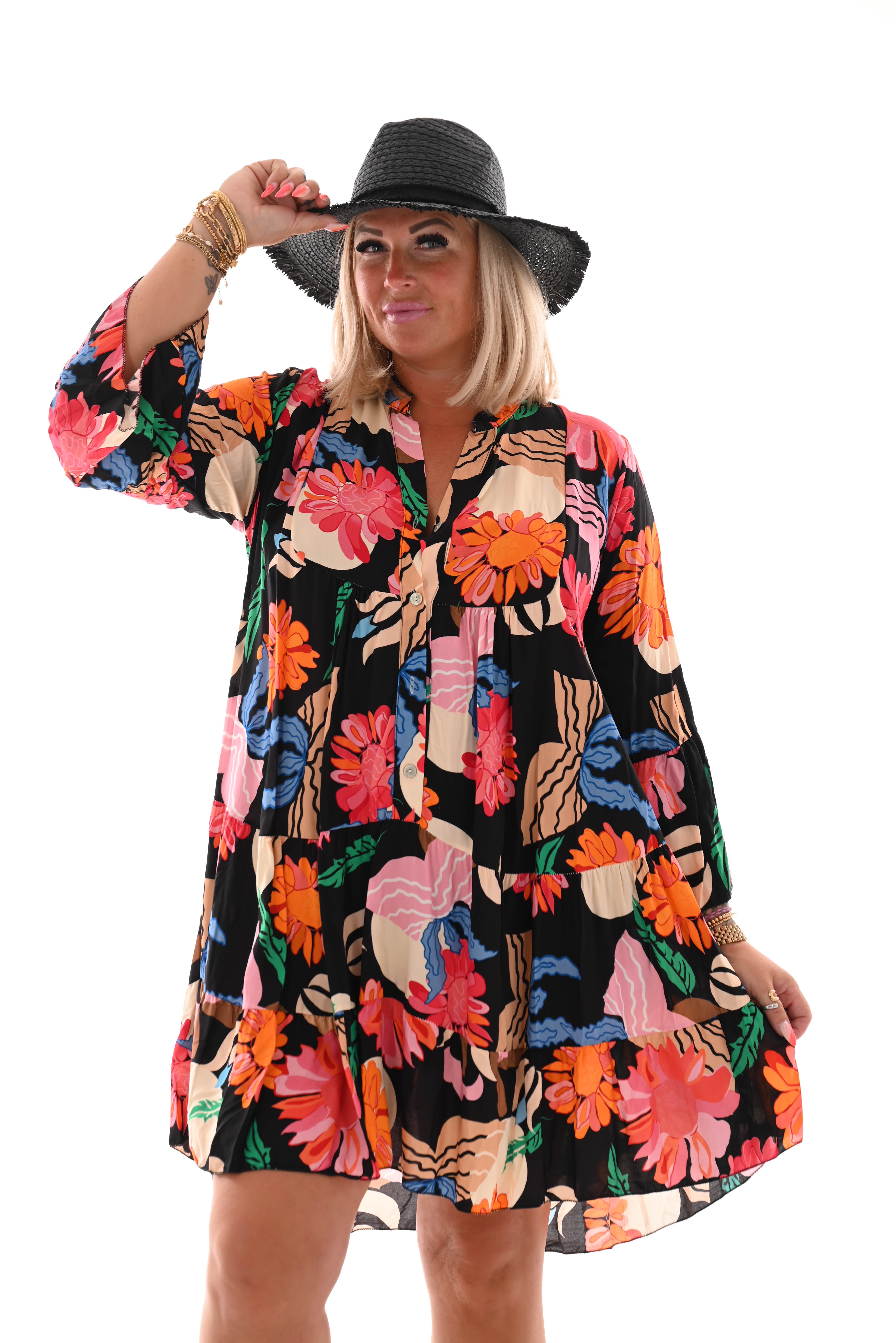 Tuniek bloemen print 3/4e mouw zwart