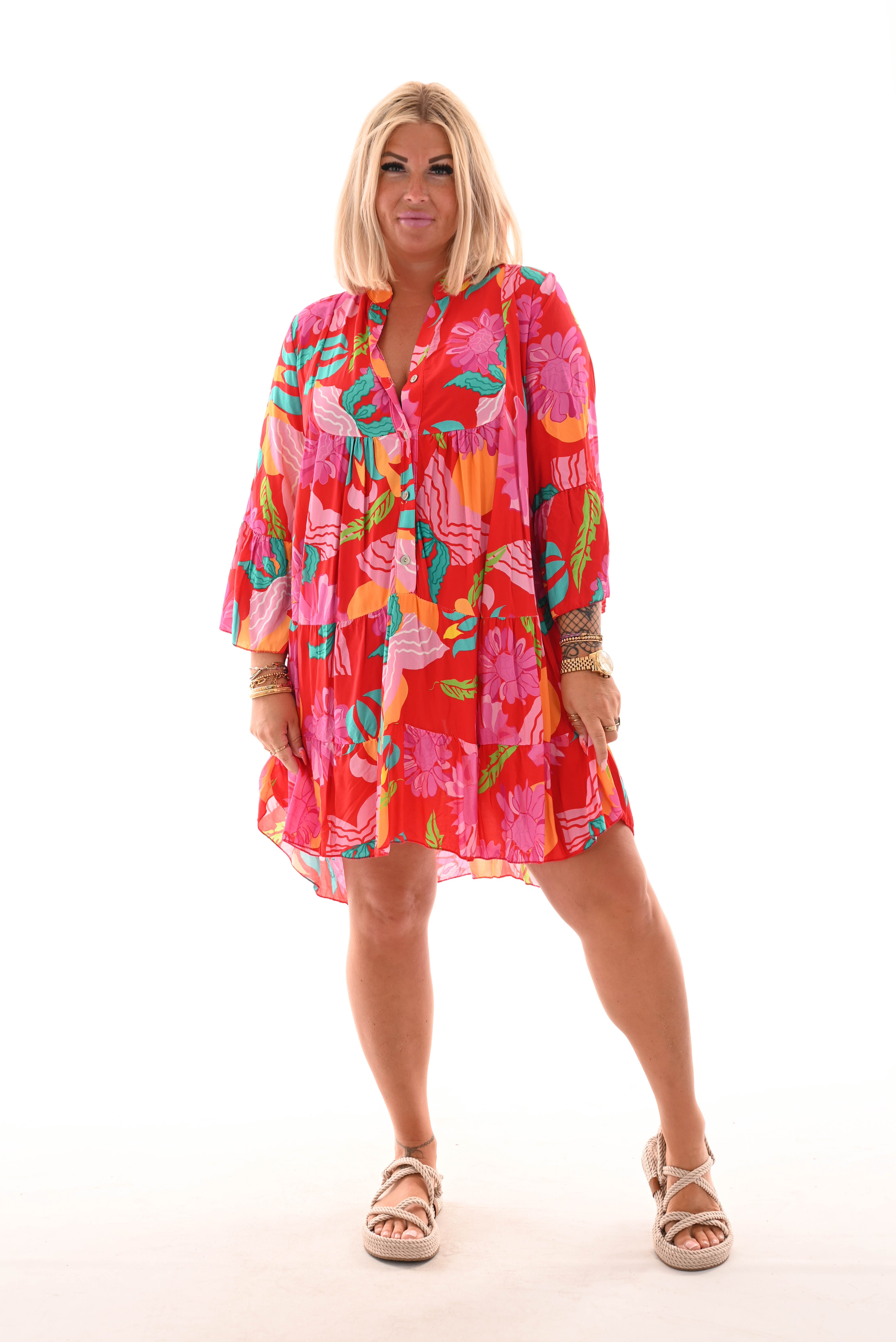 Tuniek bloemen print 3/4e mouw rood