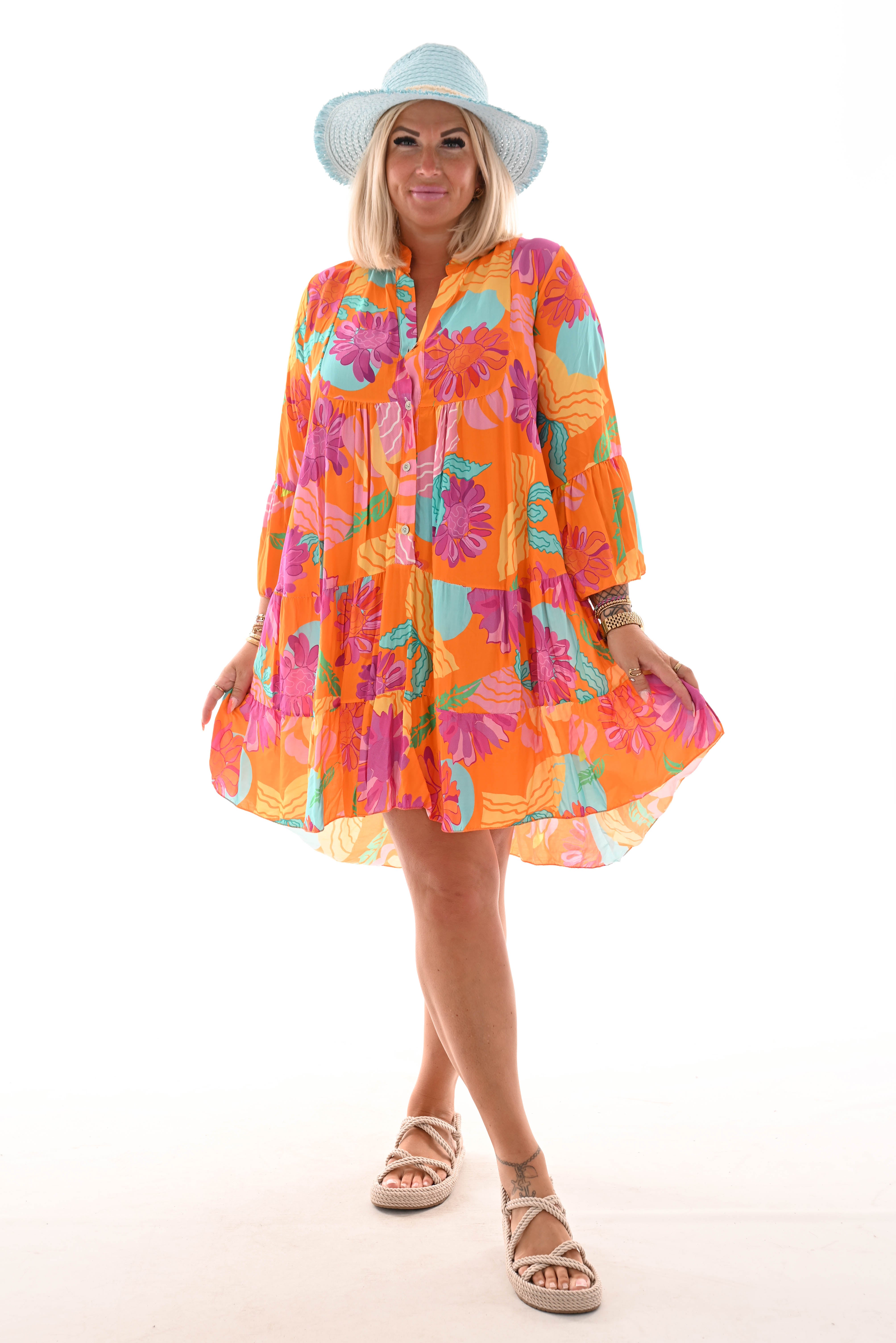 Tuniek bloemen print 3/4e mouw oranje